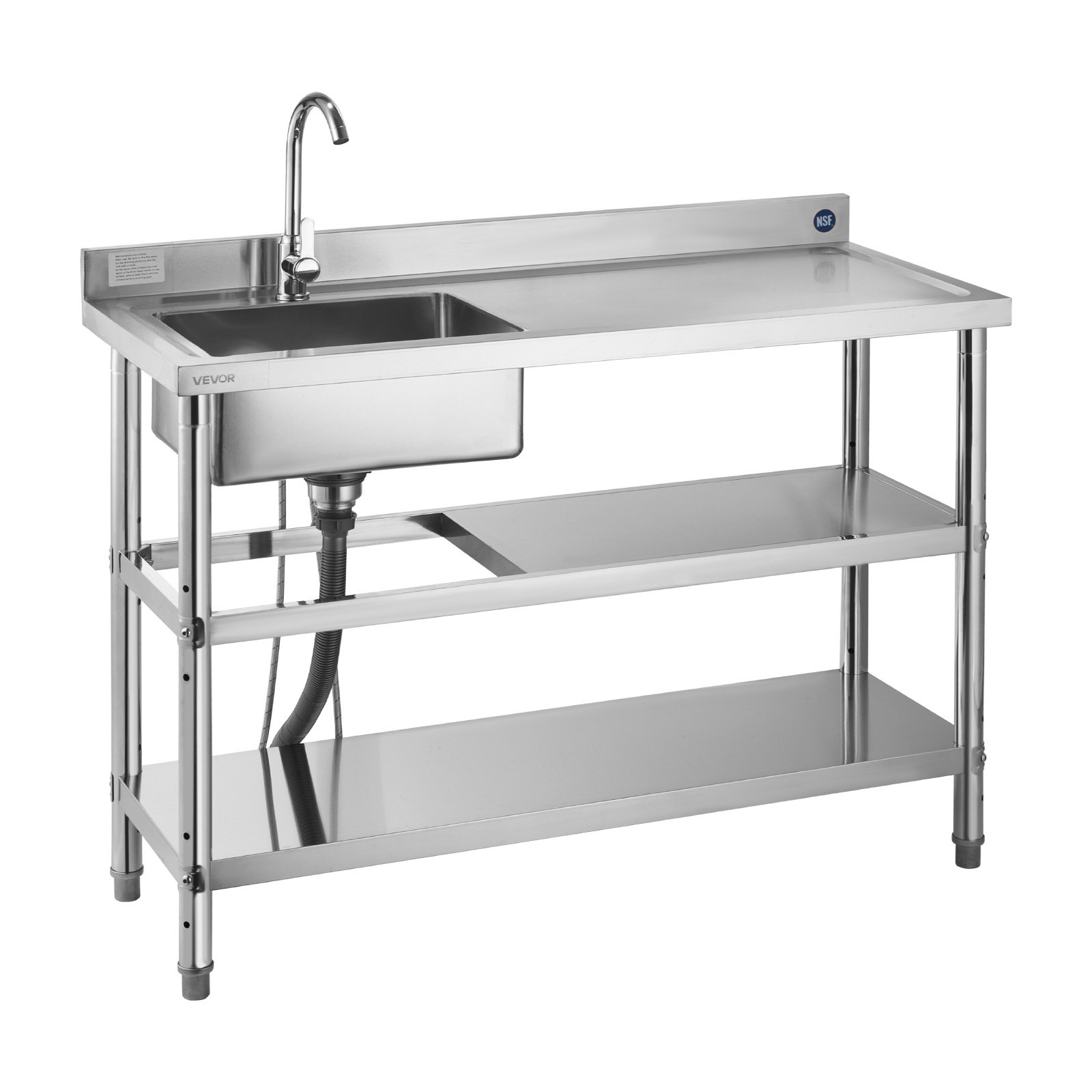 VEVOR Stainless Steel Utility Sink, Free Standing Single Bowl Commercial Kitchen Sink with Faucet and Hot & Cold Water Pipe, Dual Storage Shelves for Garage, Restaurant, Laundry, 1200 x 500 x 940 mm
