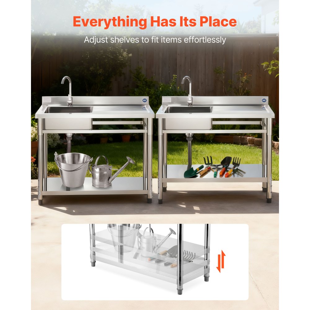 VEVOR Fregadero de Acero Inoxidable, 120 x 50 x 94 cm, de Un Seno con Grifo y Estante, para Garaje, Restaurante, Lavandería, Lavabo Exterior con Encimera Derecha, Resistente a los Arañazos, Plata