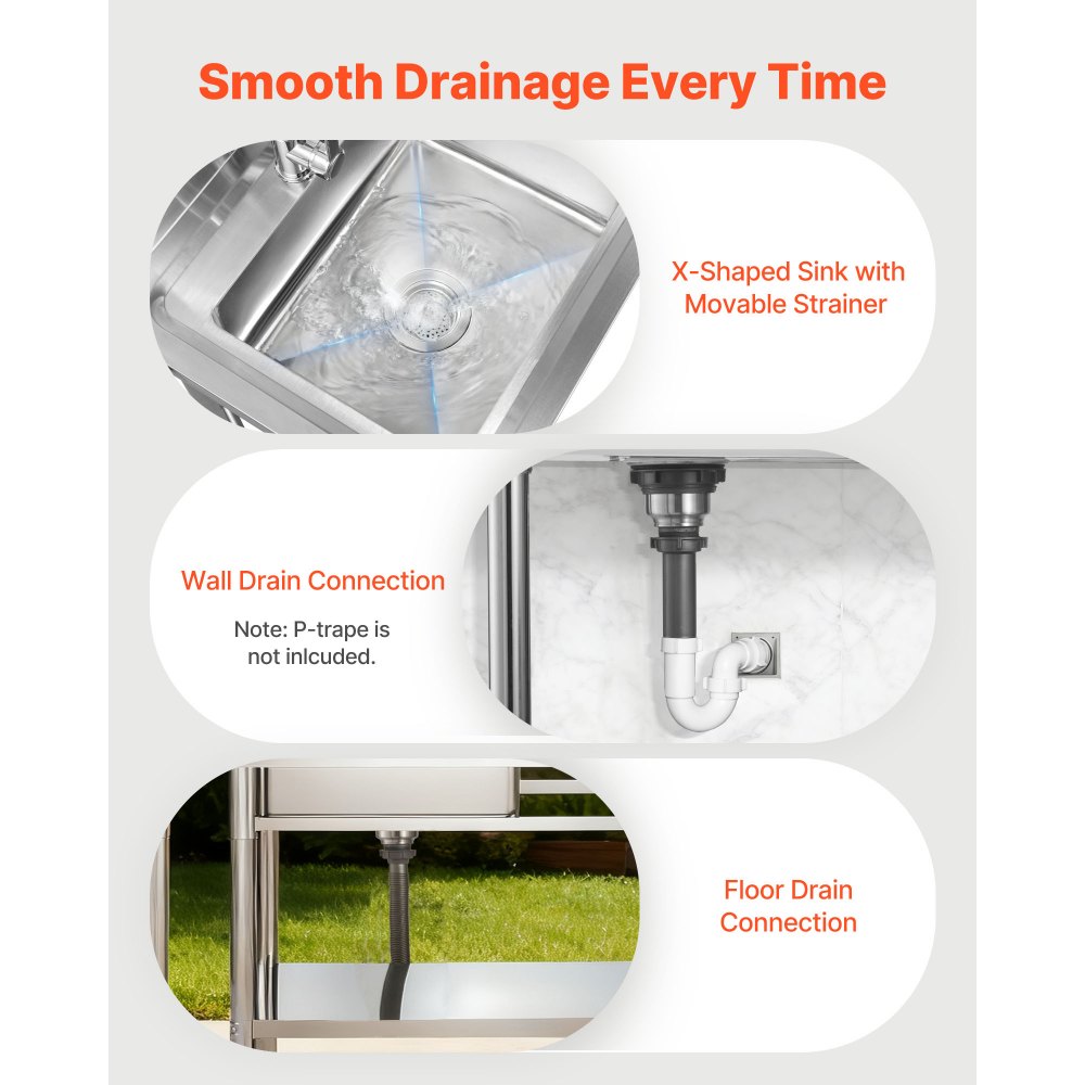 VEVOR Fregadero de Acero Inoxidable, 120 x 50 x 94 cm, de Un Seno con Grifo y Estante, para Garaje, Restaurante, Lavandería, Lavabo Exterior con Encimera Derecha, Resistente a los Arañazos, Plata