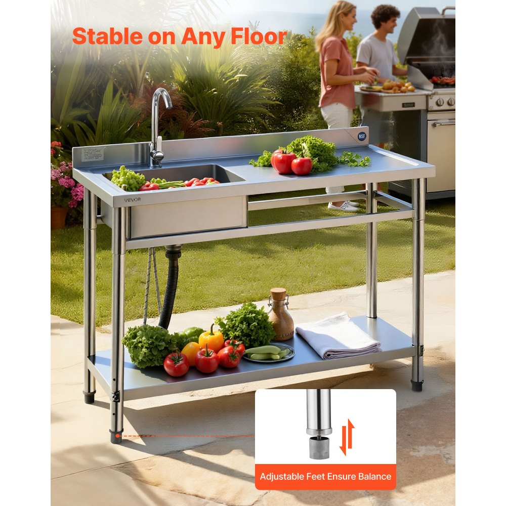 VEVOR Fregadero de Acero Inoxidable, 120 x 50 x 94 cm, de Un Seno con Grifo y Estante, para Garaje, Restaurante, Lavandería, Lavabo Exterior con Encimera Derecha, Resistente a los Arañazos, Plata