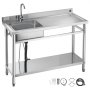 VEVOR Fregadero de Acero Inoxidable, 120 x 50 x 94 cm, de Un Seno con Grifo y Estante, para Garaje, Restaurante, Lavandería, Lavabo Exterior con Encimera Derecha, Resistente a los Arañazos, Plata
