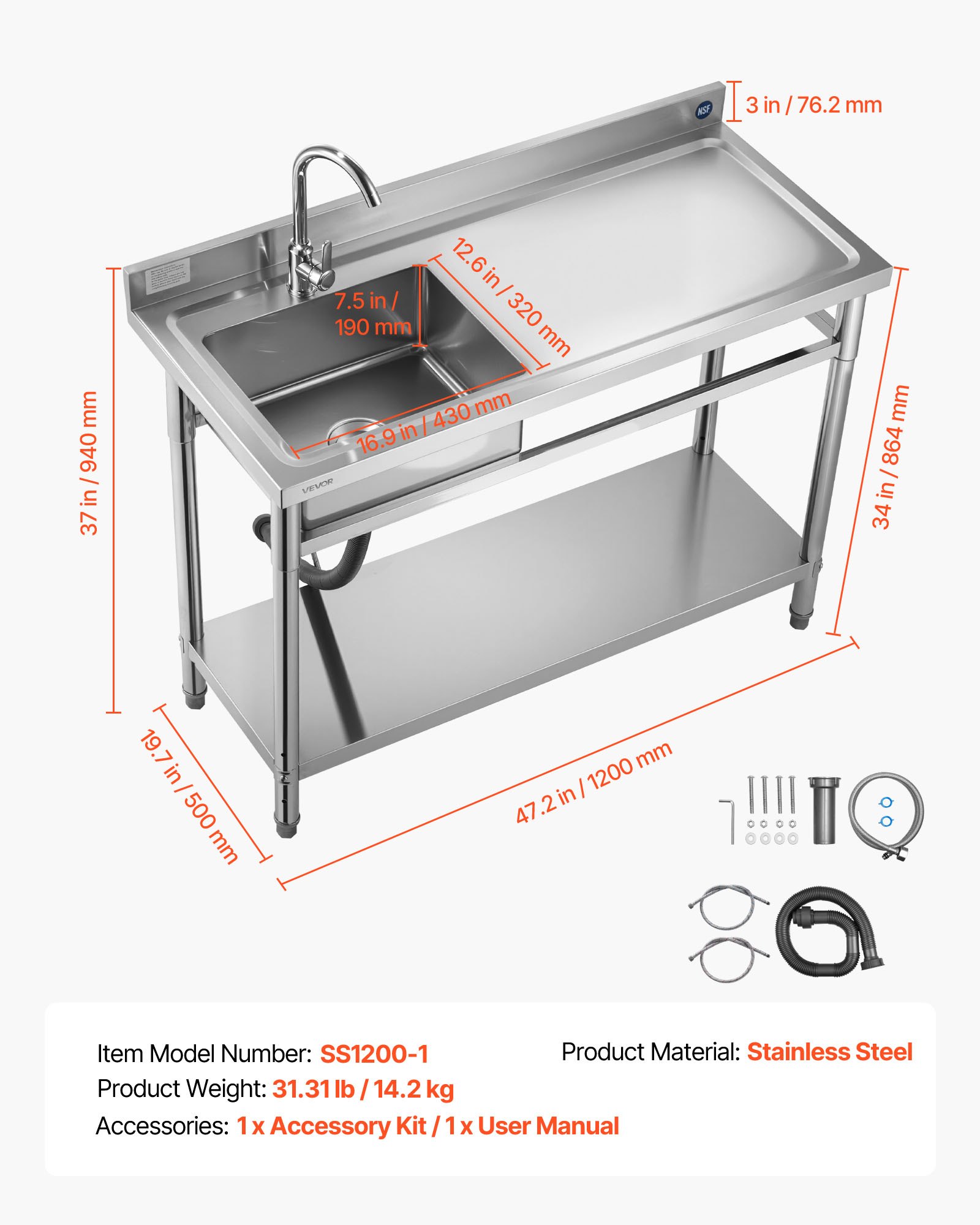 VEVOR Fregadero de Acero Inoxidable, 120 x 50 x 94 cm, de Un Seno con Grifo y Estante, para Garaje, Restaurante, Lavandería, Lavabo Exterior con Encimera Derecha, Resistente a los Arañazos, Plata
