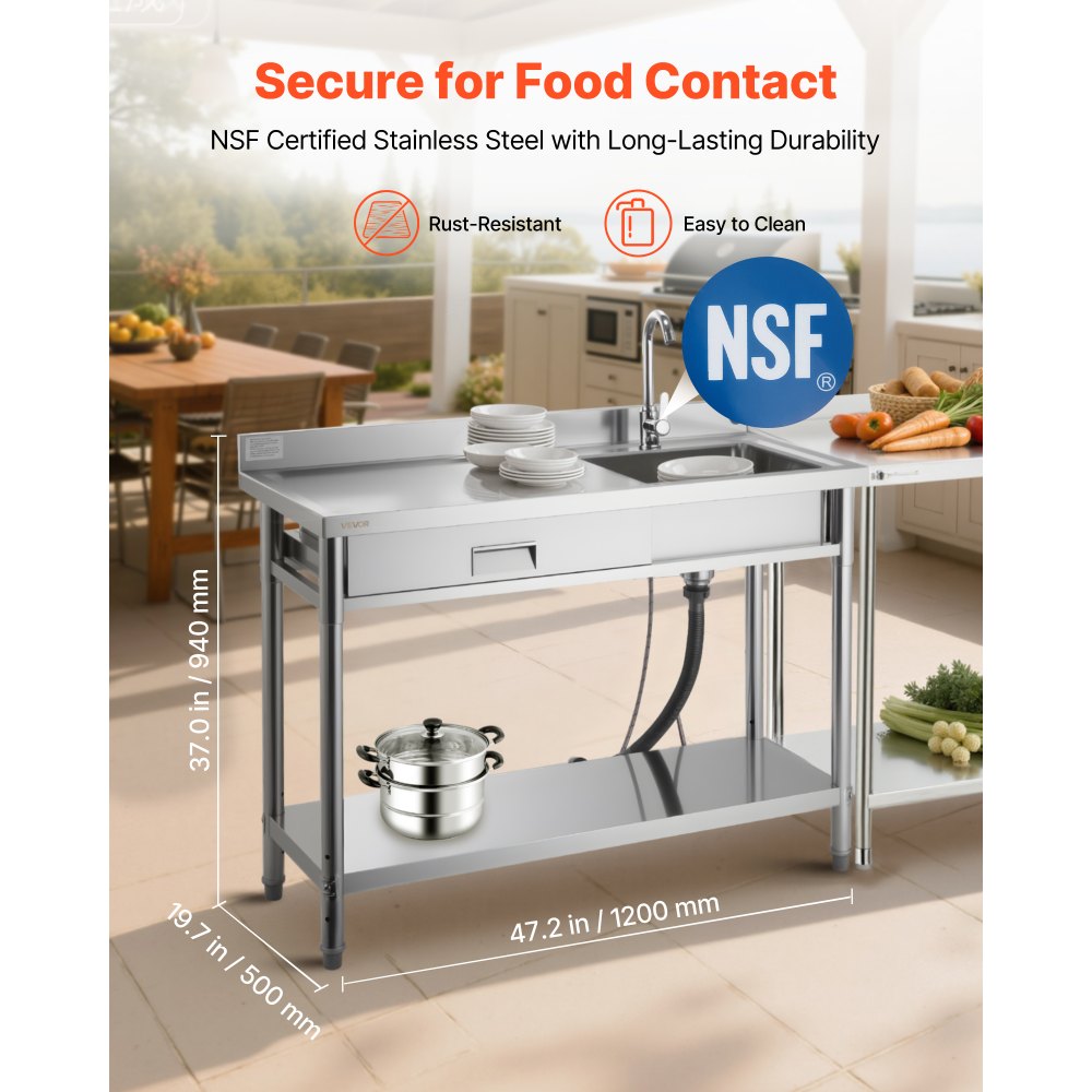 VEVOR Mueble de Fregadero de Acero Inoxidable, 120 x 50 x 94 cm, de Un Seno con Grifo y Cajón, para Garaje, Restaurante, Lavandería, Lavabo Exterior con Encimera Izquierda, con Acabado Cepillado