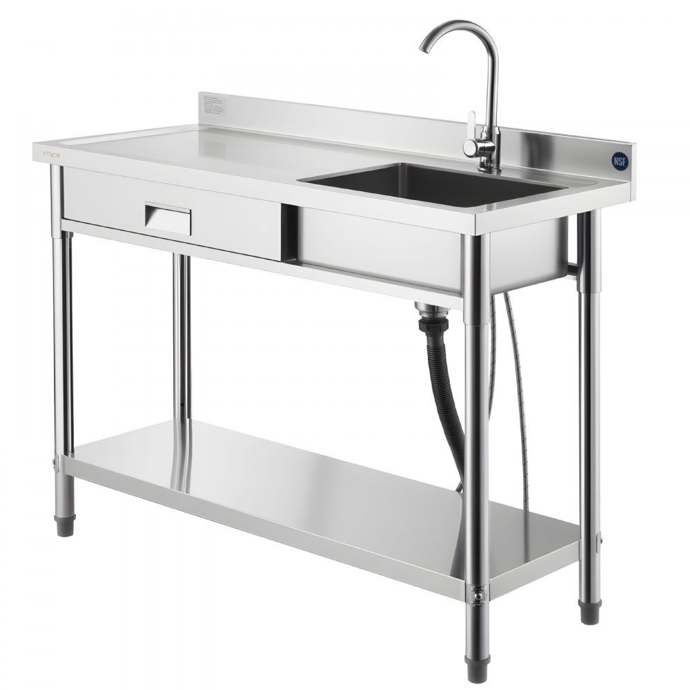 VEVOR Mueble de Fregadero de Acero Inoxidable, 120 x 50 x 94 cm, de Un Seno con Grifo y Cajón, para Garaje, Restaurante, Lavandería, Lavabo Exterior con Encimera Izquierda, con Acabado Cepillado