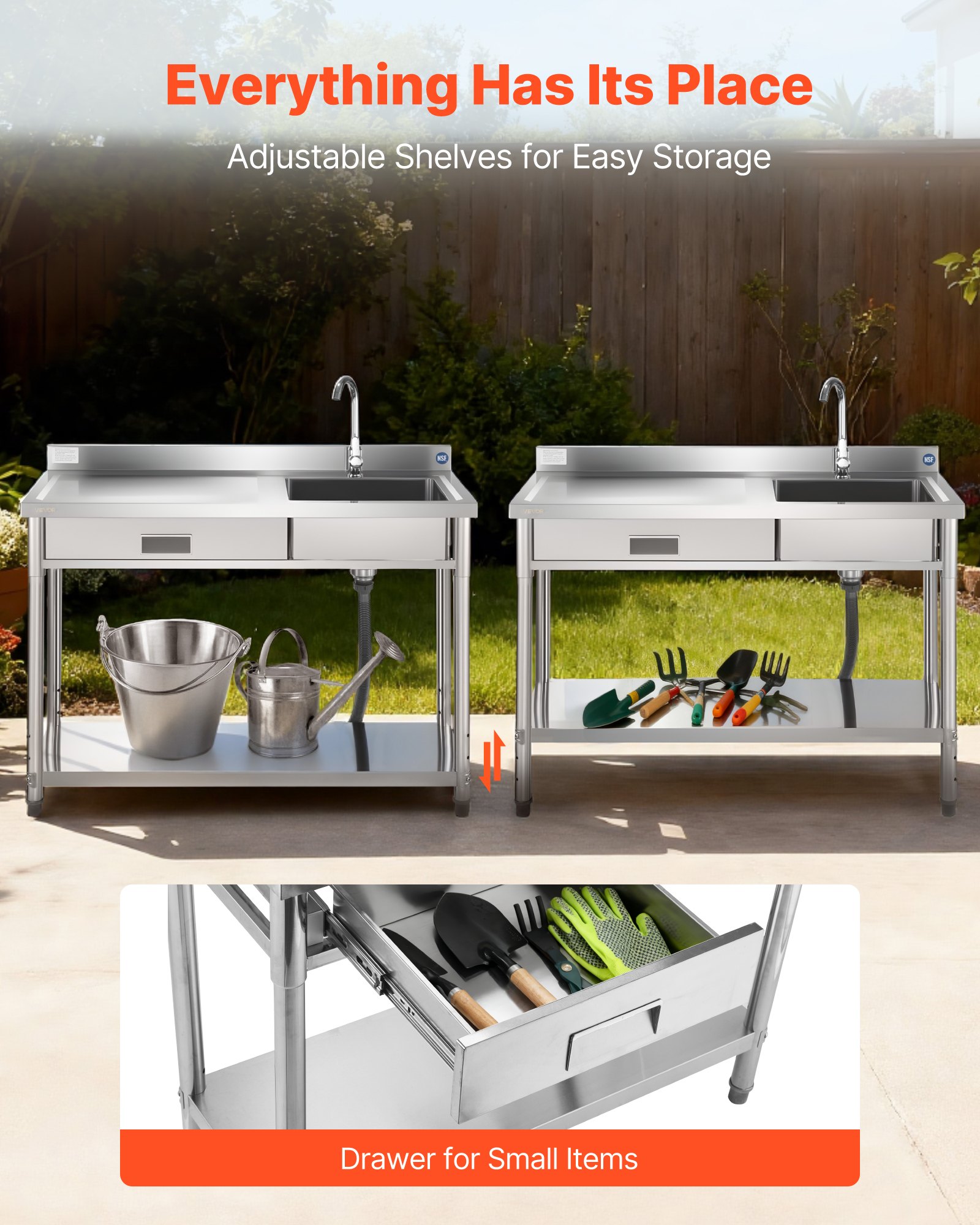 VEVOR Mueble de Fregadero de Acero Inoxidable, 120 x 50 x 94 cm, de Un Seno con Grifo y Cajón, para Garaje, Restaurante, Lavandería, Lavabo Exterior con Encimera Izquierda, con Acabado Cepillado