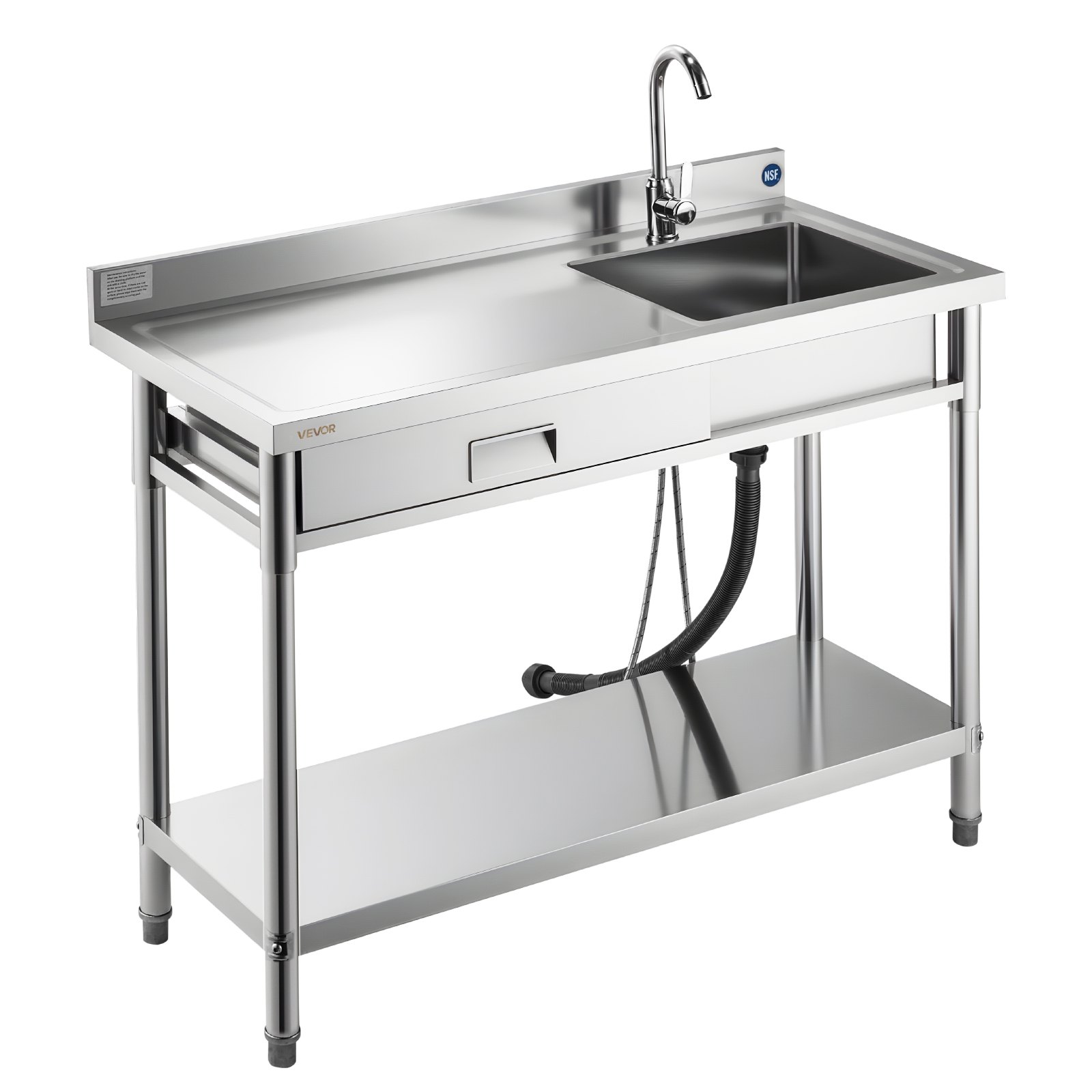 VEVOR Mueble de Fregadero de Acero Inoxidable, 120 x 50 x 94 cm, de Un Seno con Grifo y Cajón, para Garaje, Restaurante, Lavandería, Lavabo Exterior con Encimera Izquierda, con Acabado Cepillado