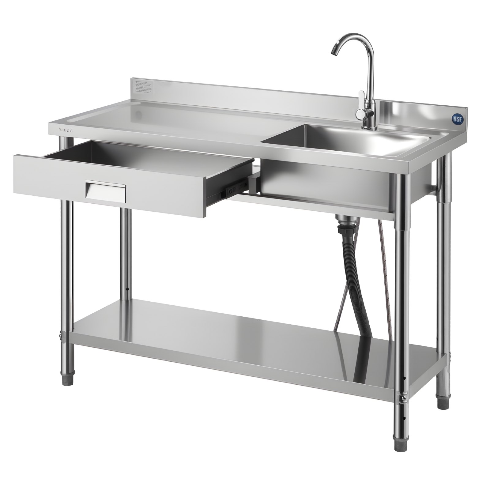 VEVOR Mueble de Fregadero de Acero Inoxidable, 120 x 50 x 94 cm, de Un Seno con Grifo y Cajón, para Garaje, Restaurante, Lavandería, Lavabo Exterior con Encimera Izquierda, con Acabado Cepillado