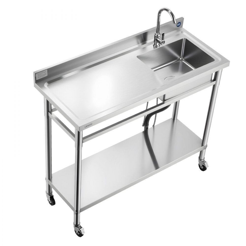 VEVOR Fregadero de Acero Inoxidable, 1200 x 500 x 1055 mm, de Un Seno con Grifo de Agua Caliente y Fría y Ruedas, para Garaje, Restaurante, Lavandería, Lavabo Exterior con Encimera Izquierda