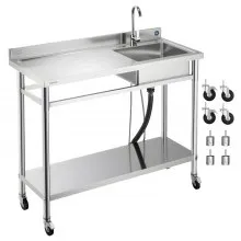 VEVOR Fregadero de Acero Inoxidable, 1200 x 500 x 1055 mm, de Un Seno con Grifo de Agua Caliente y Fría y Ruedas, para Garaje, Restaurante, Lavandería, Lavabo Exterior con Encimera Izquierda