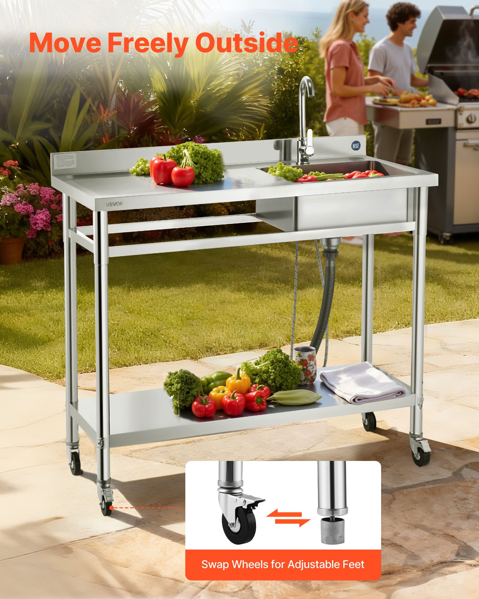 VEVOR Fregadero de Acero Inoxidable, 1200 x 500 x 1055 mm, de Un Seno con Grifo de Agua Caliente y Fría y Ruedas, para Garaje, Restaurante, Lavandería, Lavabo Exterior con Encimera Izquierda