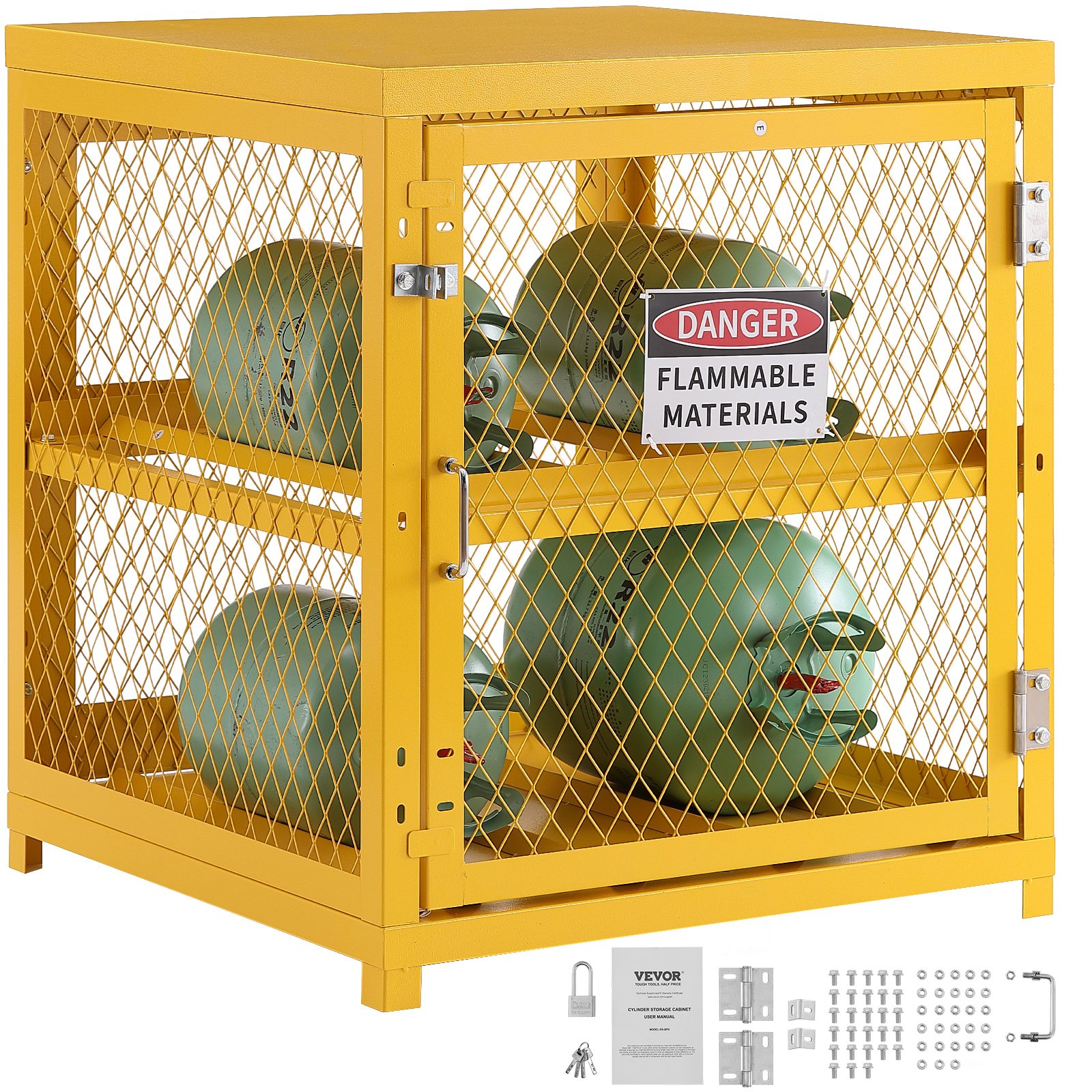 VEVOR Horizontal Cylinder Storage Cabinet, 4 x 33 lbs Cylinder Capacity, 31.02 x 30.04 x 35 inch Propane Storage Cage, Gas Cylinder Cabinet, Yellow Powder Coating, for Freon, Gases, Oxygen, Nitrogen