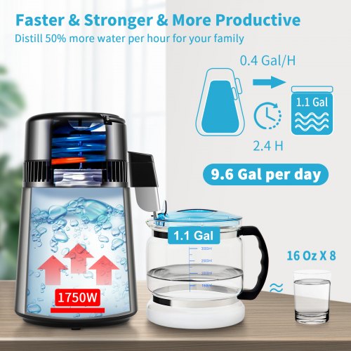 VEVOR Destilador de Agua 4 L Filtro de Destilación de Agua con Recipiente de Vidrio 1750W 1,5 L/H Ajuste de Velocidad, Destilación Filtro Purificador de Acero Inoxidable con Pantalla Doble, Plata