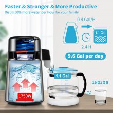 VEVOR Destilador de Agua 4 L Filtro de Destilación de Agua con Recipiente de Vidrio 1750W 1,5 L/H Ajuste de Velocidad, Destilación Filtro Purificador de Acero Inoxidable con Pantalla Doble, Plata
