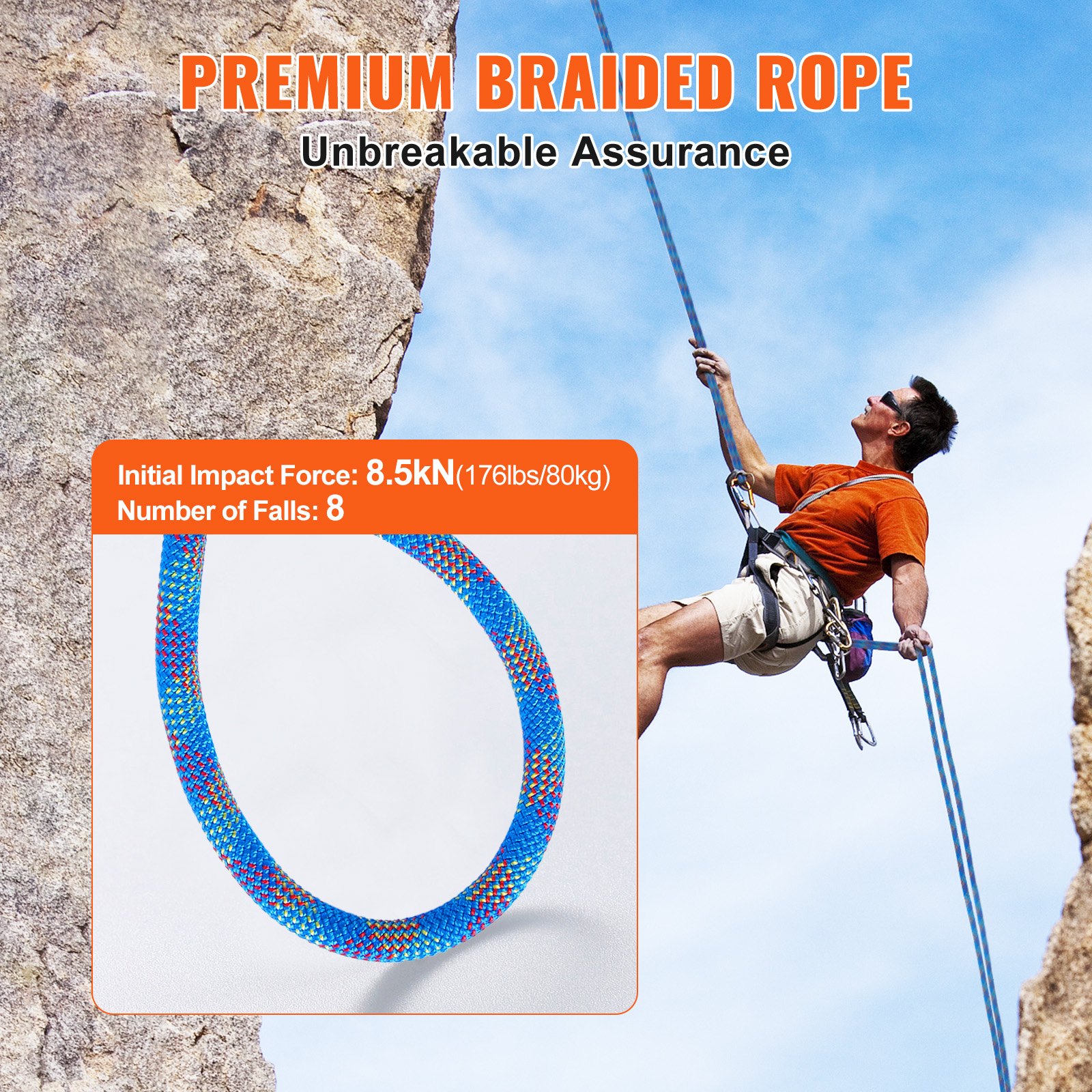 VEVOR 10.2 mm dynamic climbing rope, 40 m (131 ft) outdoor climbing rope, 25 kN breaking strength, stretchable fiber rope with steel carabiner for escape, rappelling, fire rescue, blue