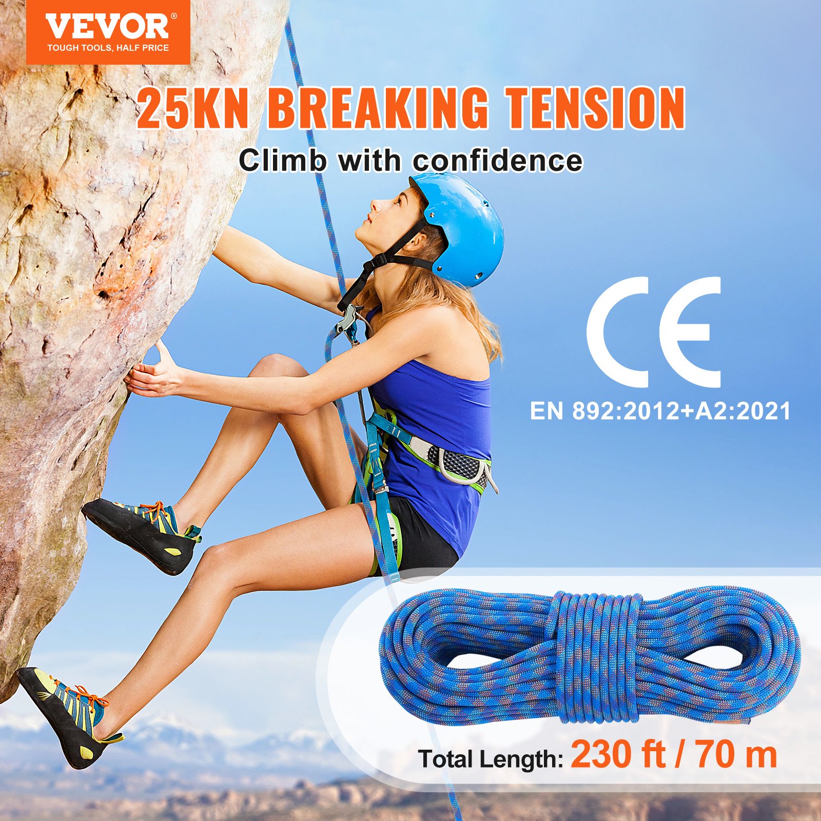 VEVOR 10.2 mm dynamic climbing rope, 70 m (230 ft) outdoor climbing rope, 25 kN breaking strength, stretchable fiber rope with steel carabiner for escape, rappelling, fire rescue, blue
