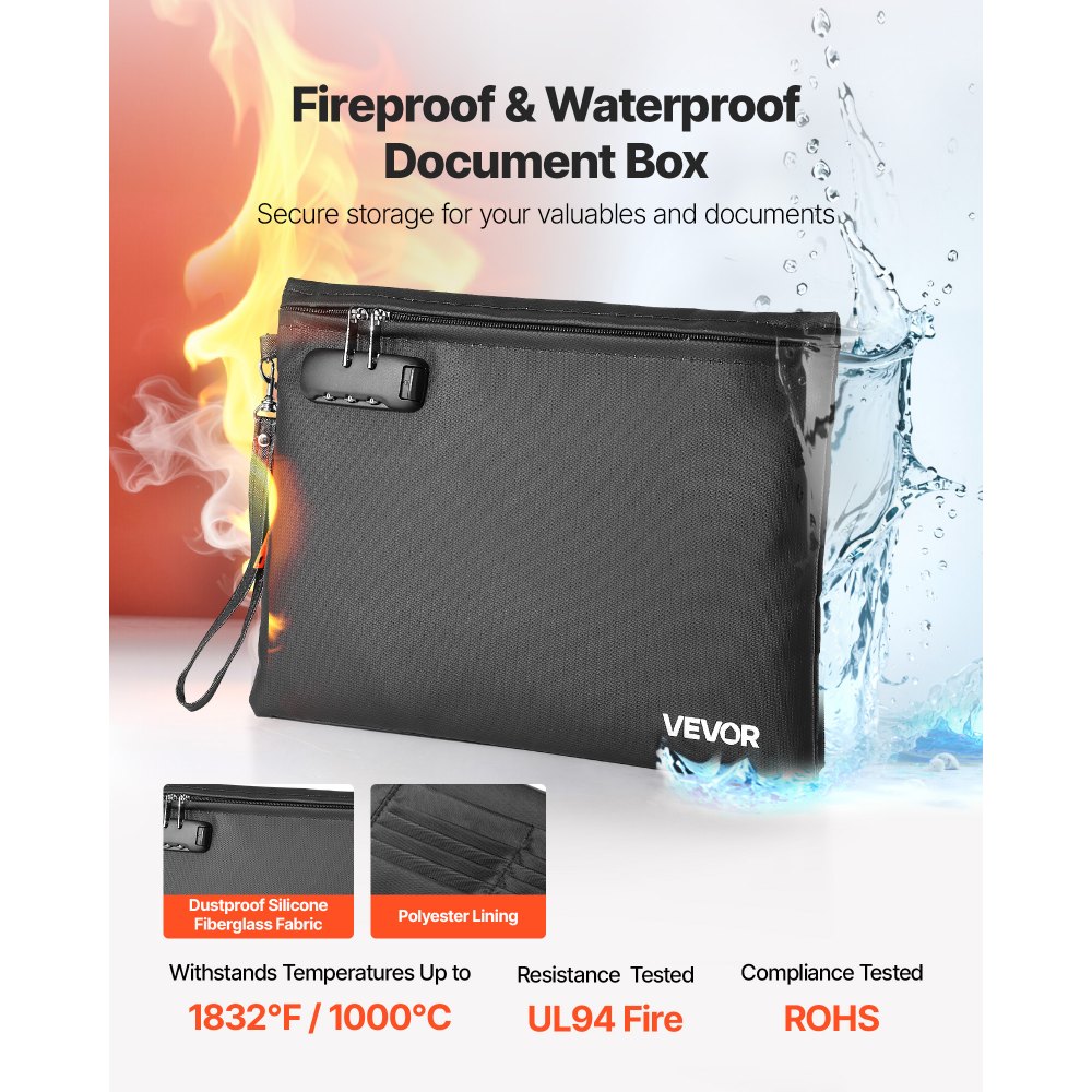 VEVOR Maletín Ignífugo para Documentos, Resistente al Agua y al Calor hasta 1000 °C, con Cerradura de Combinación, Portátil, para Dinero, Pasaportes y Archivos, Color Negro, 245 x 360 x 16 mm