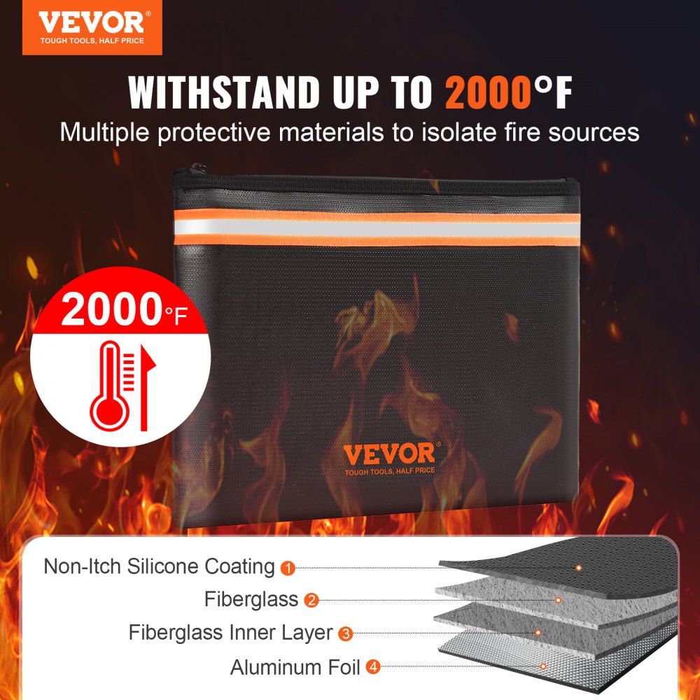 VEVOR Bolsa de Archivo Ignífugo Portátil 33 x 25,5 cm Bolsa para Documentos a Prueba de Fuego hasta 1093 °C Estuche de Documentos Ignífugo e Impermeable con Cierre de Cremallera para Objetos de Valor