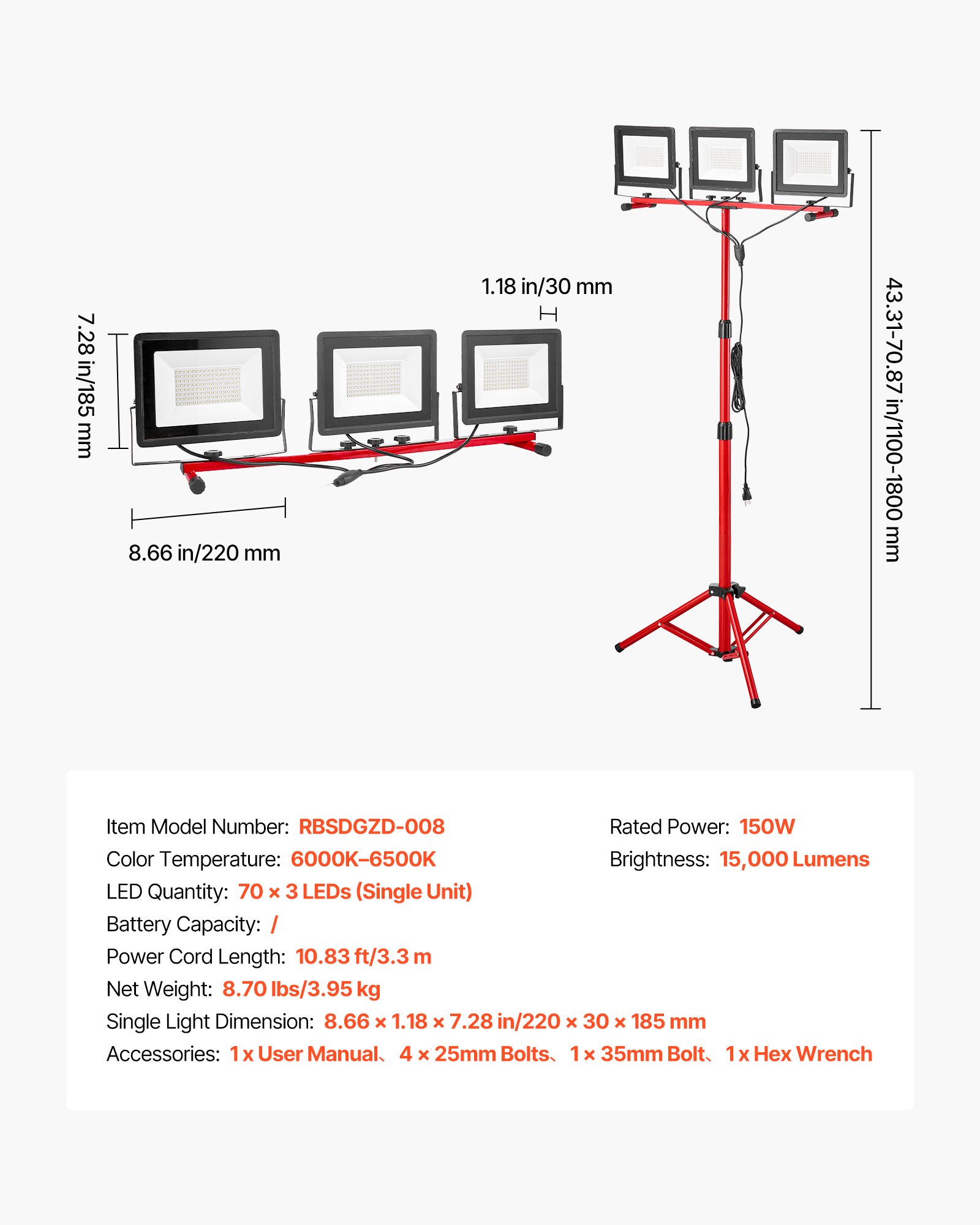 VEVOR LED Work Light with Stand, 15000 Lumens, Three-Head Portable Camping Light with Individual Switch, Tripod Stand, 3.3 m Power Cord, for Indoor Outdoor Job Site Construction, IP65 Waterproof