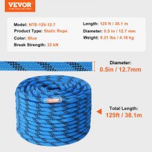 VEVOR Cuerda de Escalada Estática 12,7mm 38m Cuerda de Seguridad Exterior, Azul