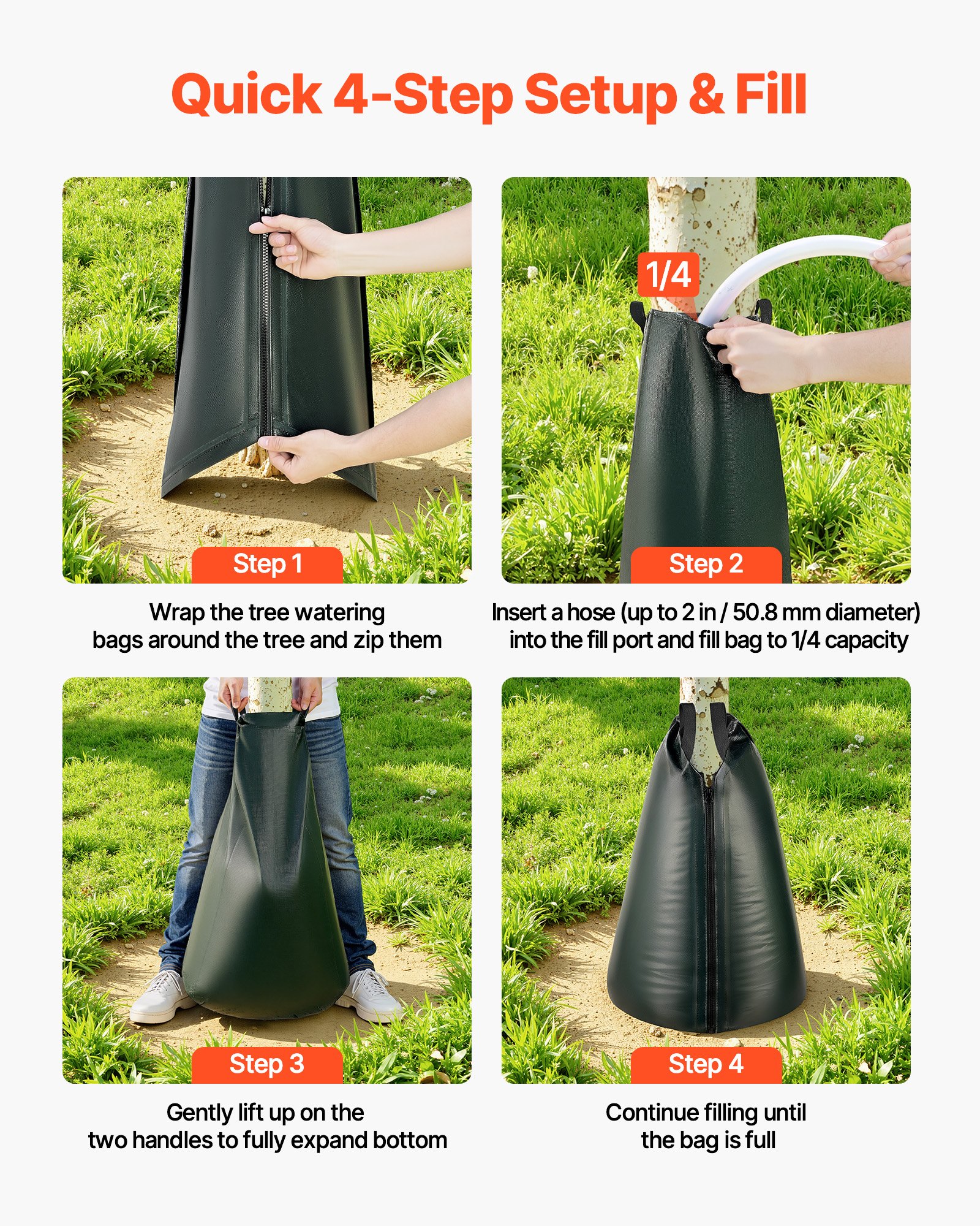 VEVOR Saco de Riego para Árboles 75,7 L, Paquete de 4 Piezas, Bolsa de Riego para Árboles con Cremallera, Liberación Lenta de 3 a 4 Horas, de Tejido PE Resistente a los Rayos UV, para Jardín Parque