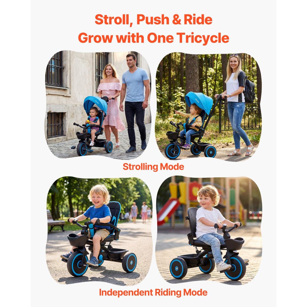 VEVOR Triciclos para Niños de 1 a 5 Años, Triciclo Infantil con Manillar de Empuje para Padres, Capota, Asiento Ajustable, Espacio de Almacenamiento, Cuadro de Acero al Carbono, Azul y Negro