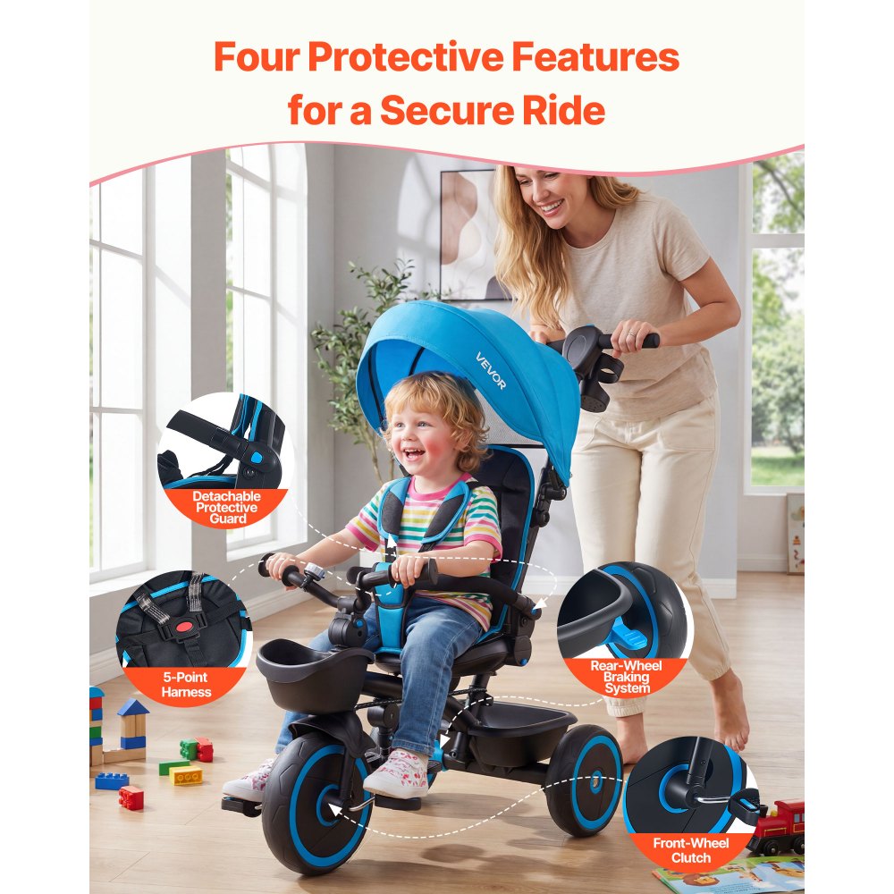 VEVOR Triciclos para Niños de 1 a 5 Años, Triciclo Infantil con Manillar de Empuje para Padres, Capota, Asiento Ajustable, Espacio de Almacenamiento, Cuadro de Acero al Carbono, Azul y Negro