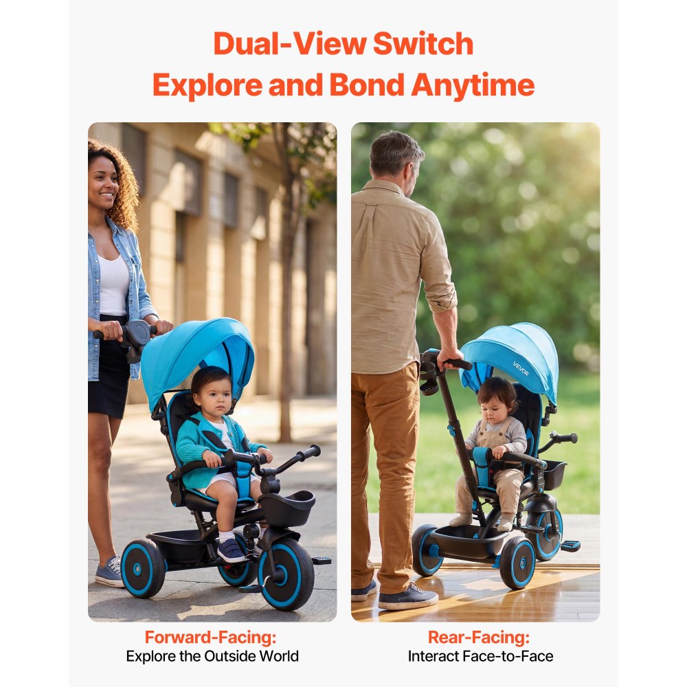 VEVOR Triciclos para Niños de 1 a 5 Años, Triciclo Infantil con Manillar de Empuje para Padres, Capota, Asiento Ajustable, Espacio de Almacenamiento, Cuadro de Acero al Carbono, Azul y Negro