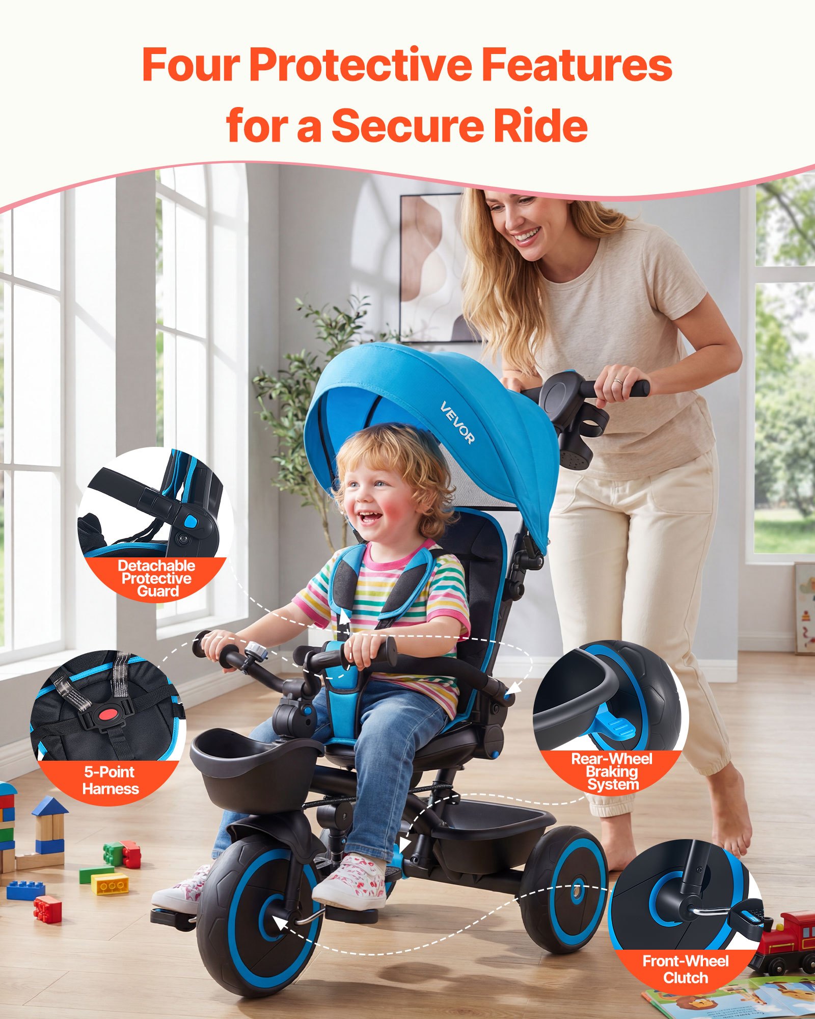 VEVOR Triciclos para Niños de 1 a 5 Años, Triciclo Infantil con Manillar de Empuje para Padres, Capota, Asiento Ajustable, Espacio de Almacenamiento, Cuadro de Acero al Carbono, Azul y Negro