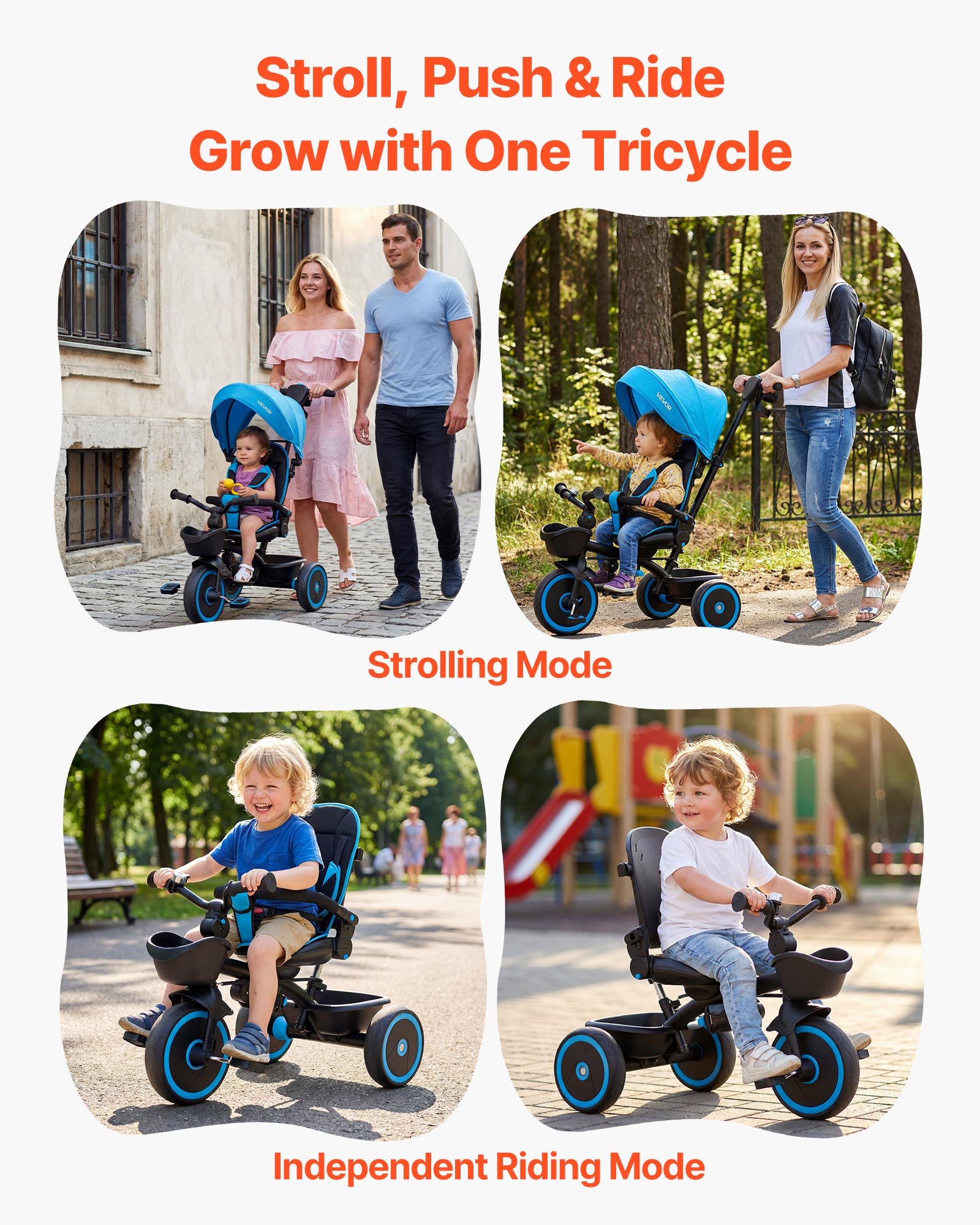 VEVOR Triciclos para Niños de 1 a 5 Años, Triciclo Infantil con Manillar de Empuje para Padres, Capota, Asiento Ajustable, Espacio de Almacenamiento, Cuadro de Acero al Carbono, Azul y Negro