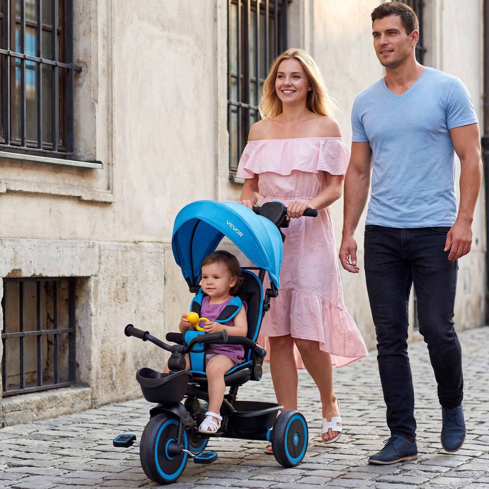 VEVOR Triciclos para Niños de 1 a 5 Años, Triciclo Infantil con Manillar de Empuje para Padres, Capota, Asiento Ajustable, Espacio de Almacenamiento, Cuadro de Acero al Carbono, Azul y Negro