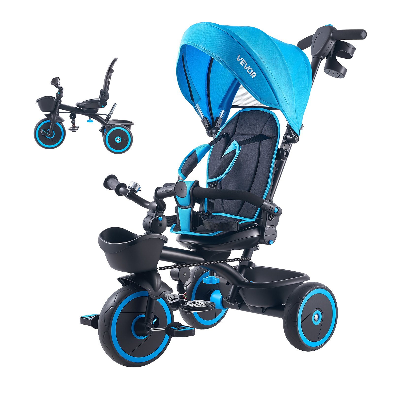 VEVOR Triciclos para Niños de 1 a 5 Años, Triciclo Infantil con Manillar de Empuje para Padres, Capota, Asiento Ajustable, Espacio de Almacenamiento, Cuadro de Acero al Carbono, Azul y Negro
