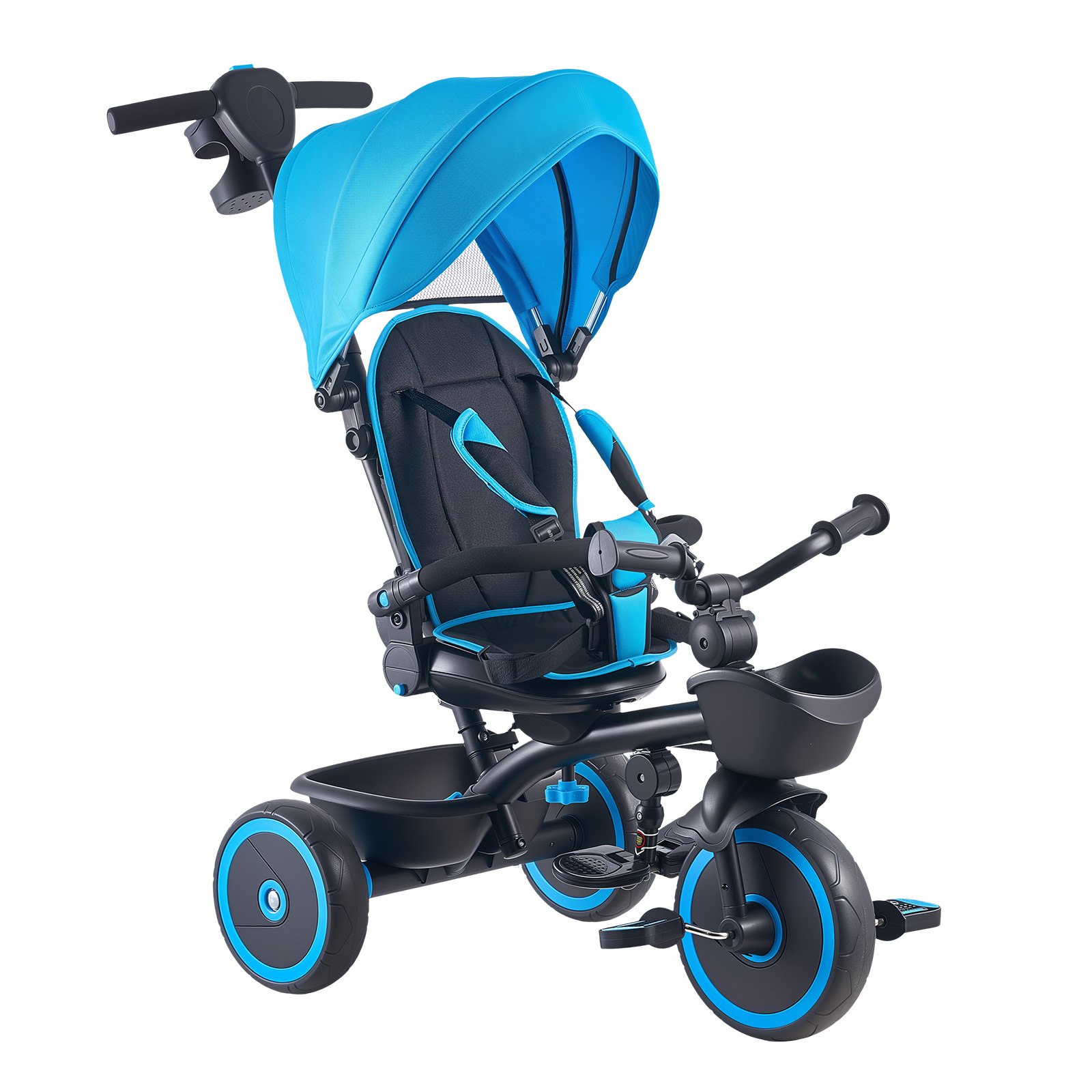VEVOR Triciclos para Niños de 1 a 5 Años, Triciclo Infantil con Manillar de Empuje para Padres, Capota, Asiento Ajustable, Espacio de Almacenamiento, Cuadro de Acero al Carbono, Azul y Negro