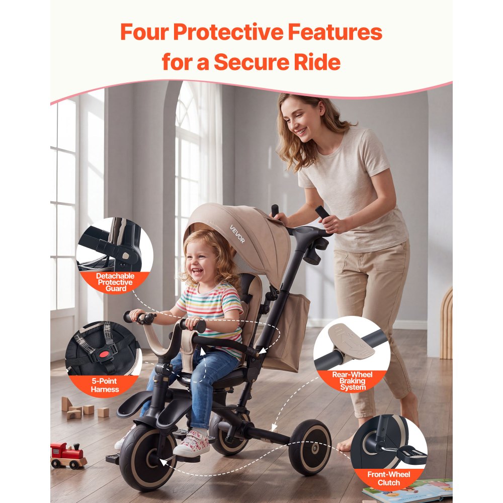 VEVOR Triciclos Plegable para Niños de 1,5 a 5 Años, Triciclo Infantil con Manillar de Empuje, Capota, Asiento Giratorio, Espacio de Almacenamiento, Cuadro de Acero al Carbono, Caqui y Negro