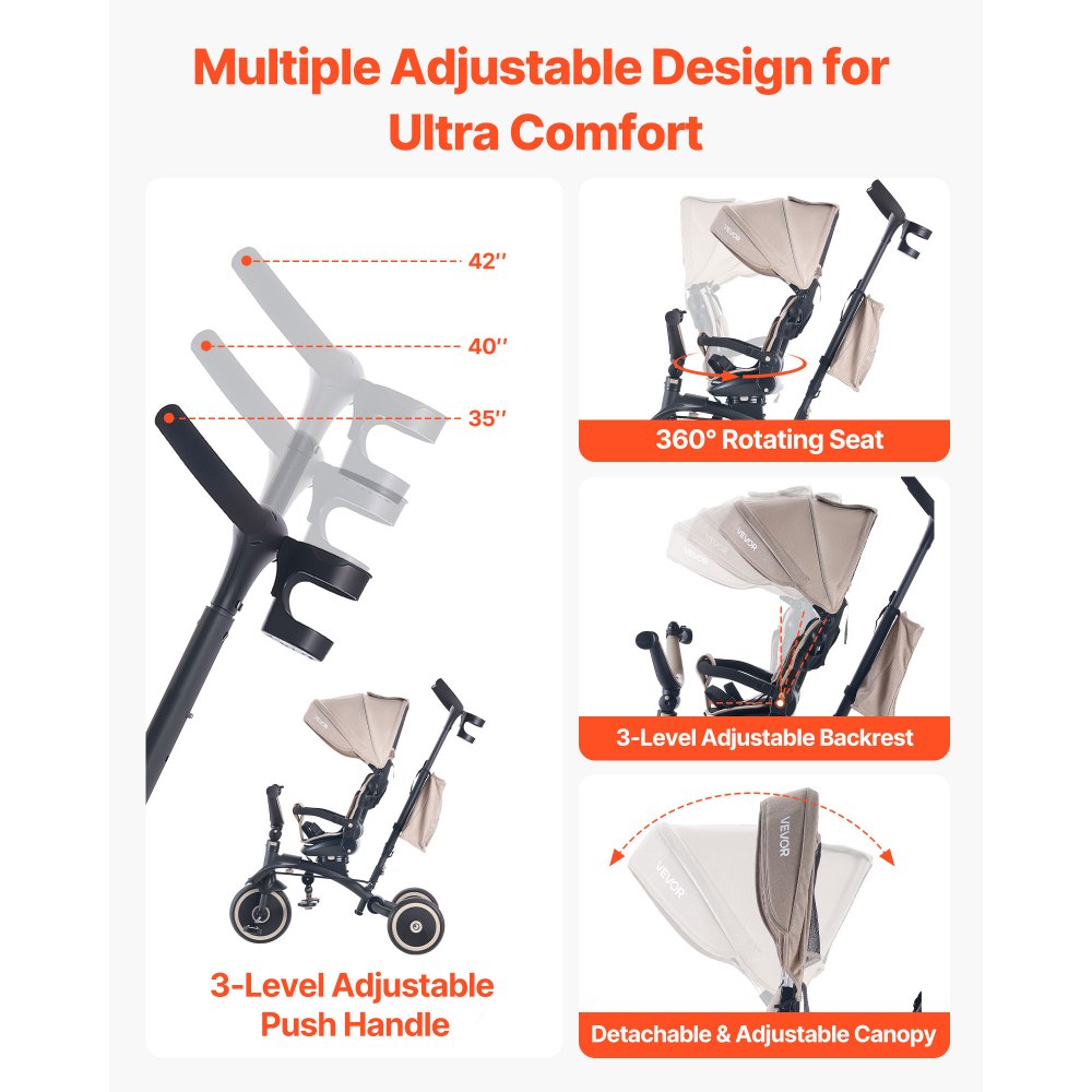 VEVOR Triciclos Plegable para Niños de 1,5 a 5 Años, Triciclo Infantil con Manillar de Empuje, Capota, Asiento Giratorio, Espacio de Almacenamiento, Cuadro de Acero al Carbono, Caqui y Negro