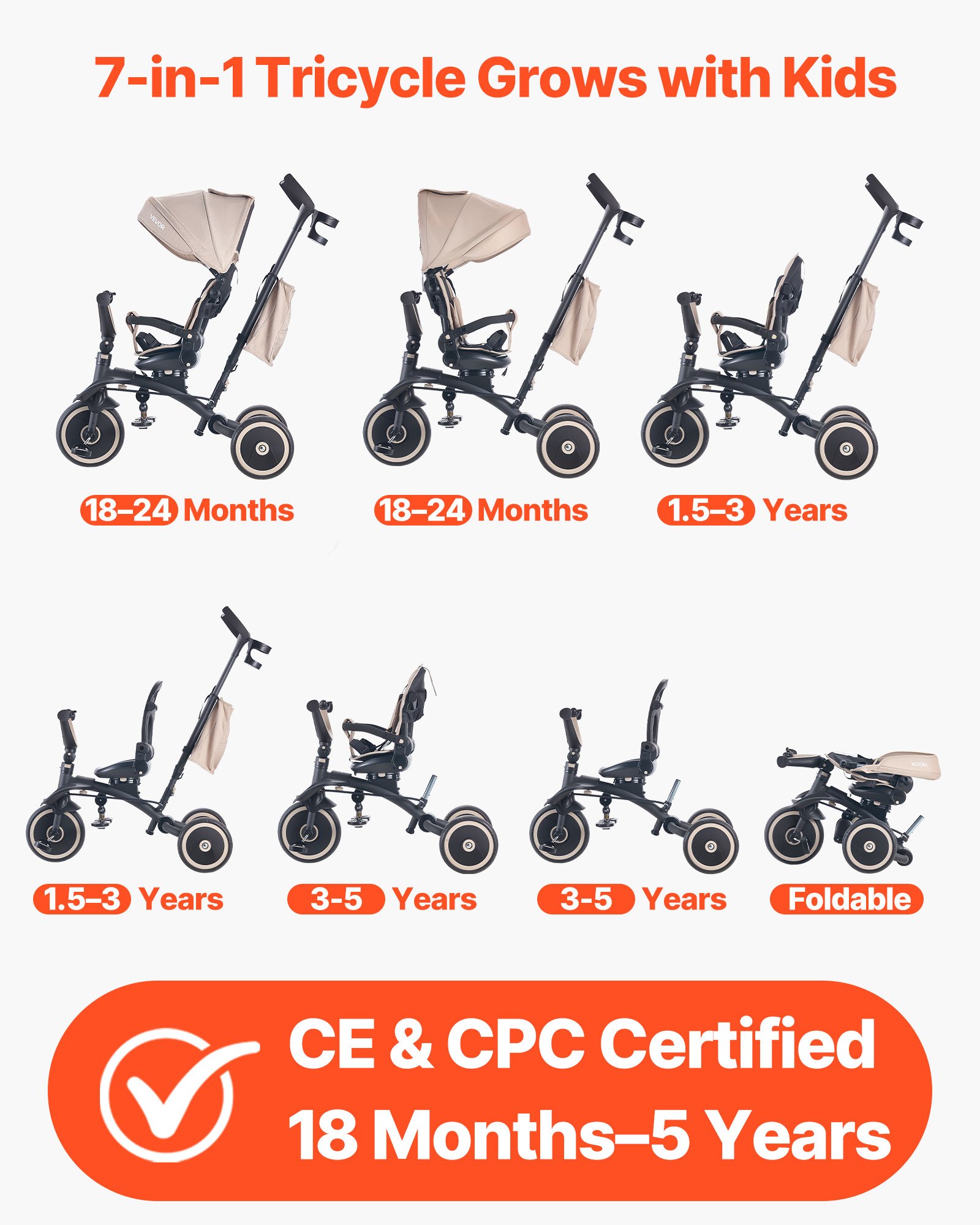 VEVOR Triciclos Plegable para Niños de 1,5 a 5 Años, Triciclo Infantil con Manillar de Empuje, Capota, Asiento Giratorio, Espacio de Almacenamiento, Cuadro de Acero al Carbono, Caqui y Negro