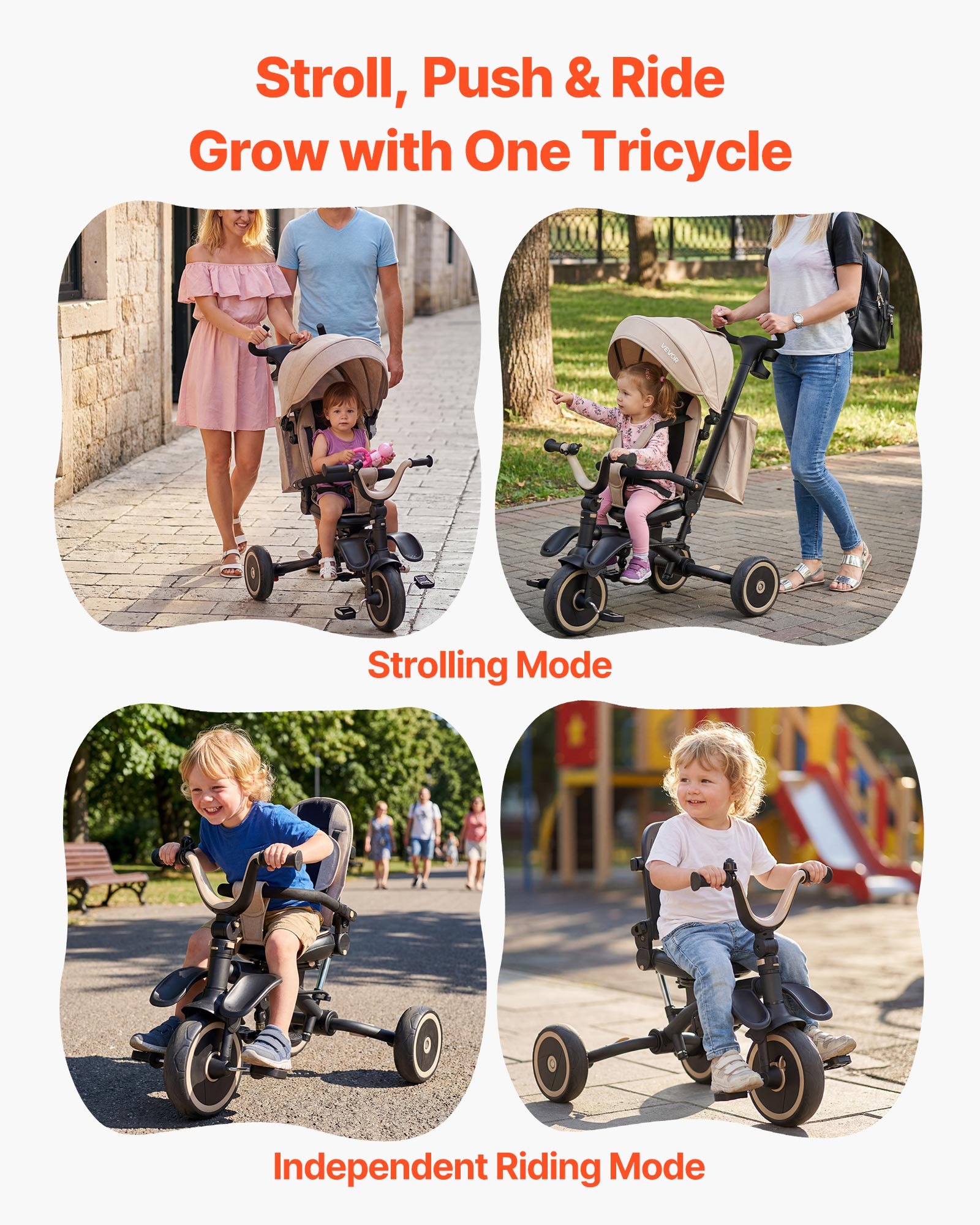 VEVOR Triciclos Plegable para Niños de 1,5 a 5 Años, Triciclo Infantil con Manillar de Empuje, Capota, Asiento Giratorio, Espacio de Almacenamiento, Cuadro de Acero al Carbono, Caqui y Negro