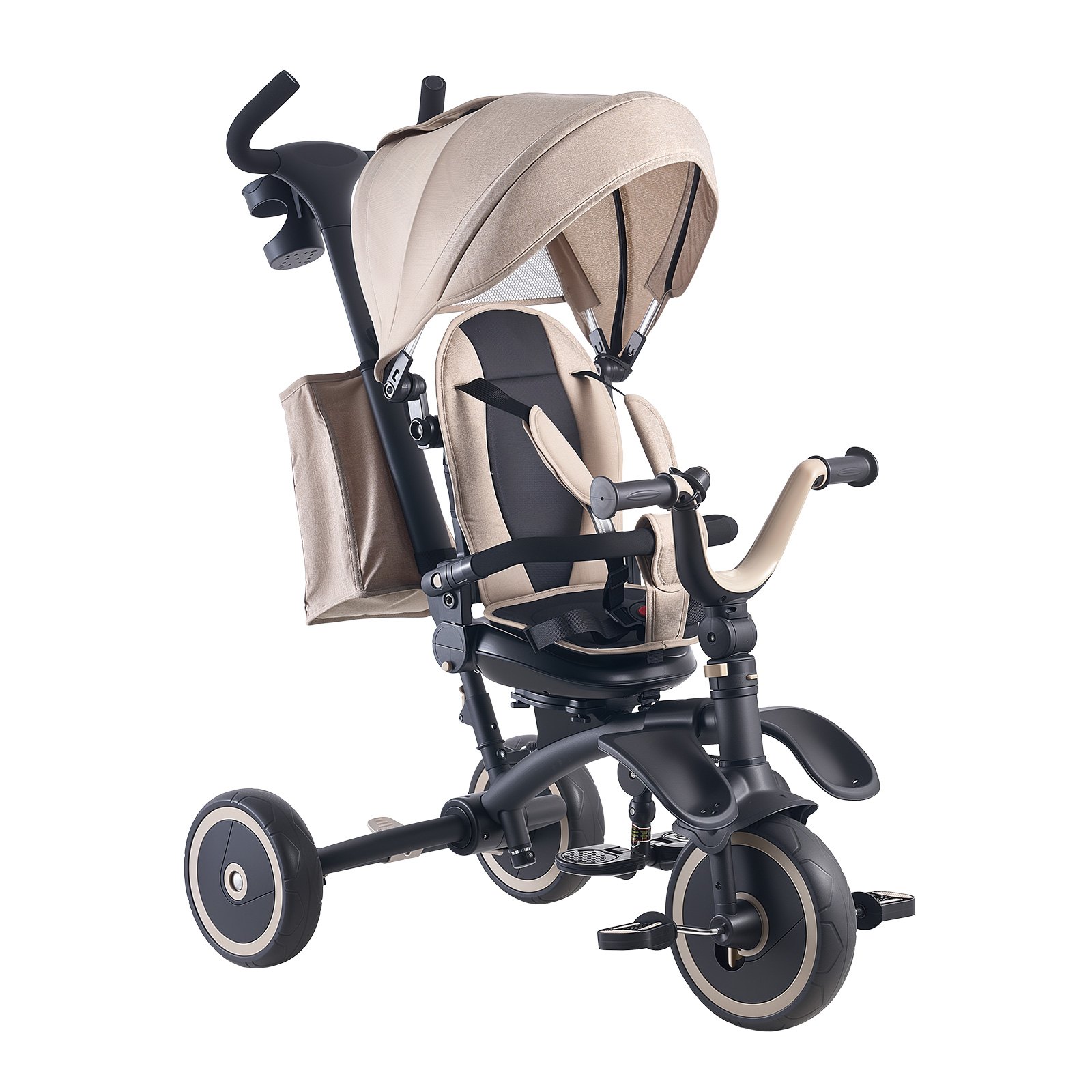 VEVOR Triciclos Plegable para Niños de 1,5 a 5 Años, Triciclo Infantil con Manillar de Empuje, Capota, Asiento Giratorio, Espacio de Almacenamiento, Cuadro de Acero al Carbono, Caqui y Negro