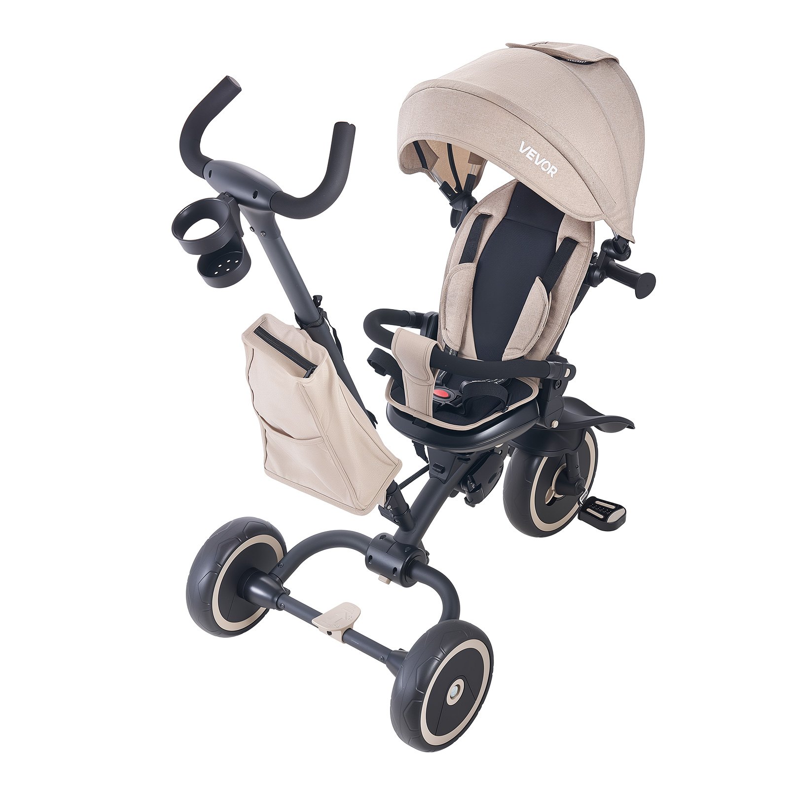 VEVOR Triciclos Plegable para Niños de 1,5 a 5 Años, Triciclo Infantil con Manillar de Empuje, Capota, Asiento Giratorio, Espacio de Almacenamiento, Cuadro de Acero al Carbono, Caqui y Negro