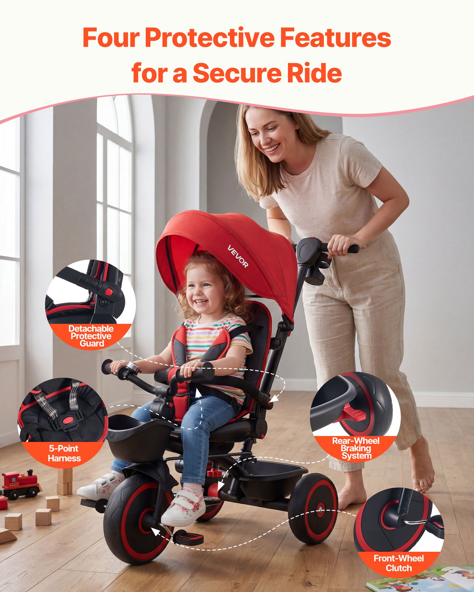 VEVOR Triciclos para Niños de 1 a 5 Años, Triciclo Infantil con Manillar de Empuje para Padres, Capota, Asiento Ajustable, Espacio de Almacenamiento, Cuadro de Acero al Carbono, Rosa y Negro
