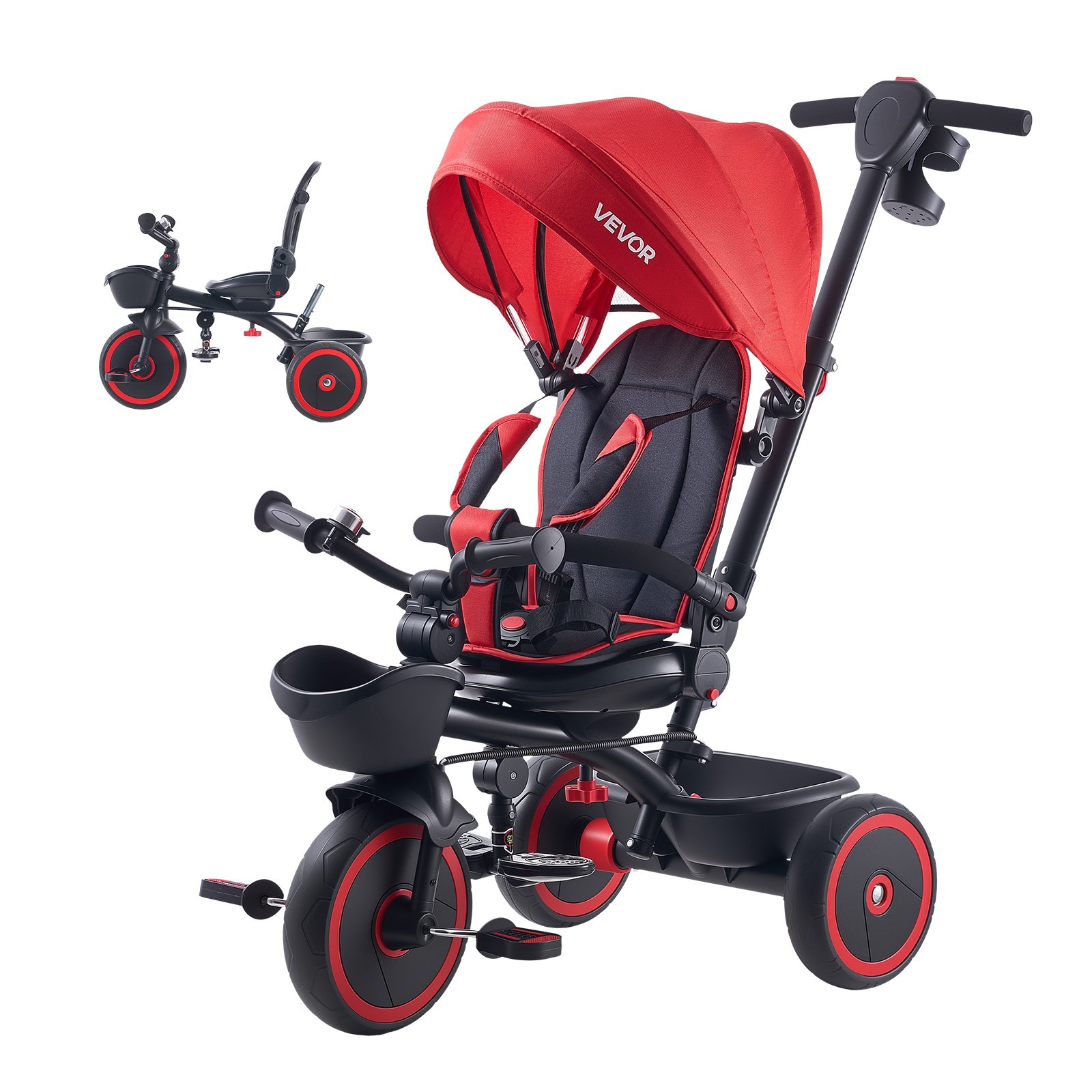 VEVOR Triciclos para Niños de 1 a 5 Años, Triciclo Infantil con Manillar de Empuje para Padres, Capota, Asiento Ajustable, Espacio de Almacenamiento, Cuadro de Acero al Carbono, Rosa y Negro