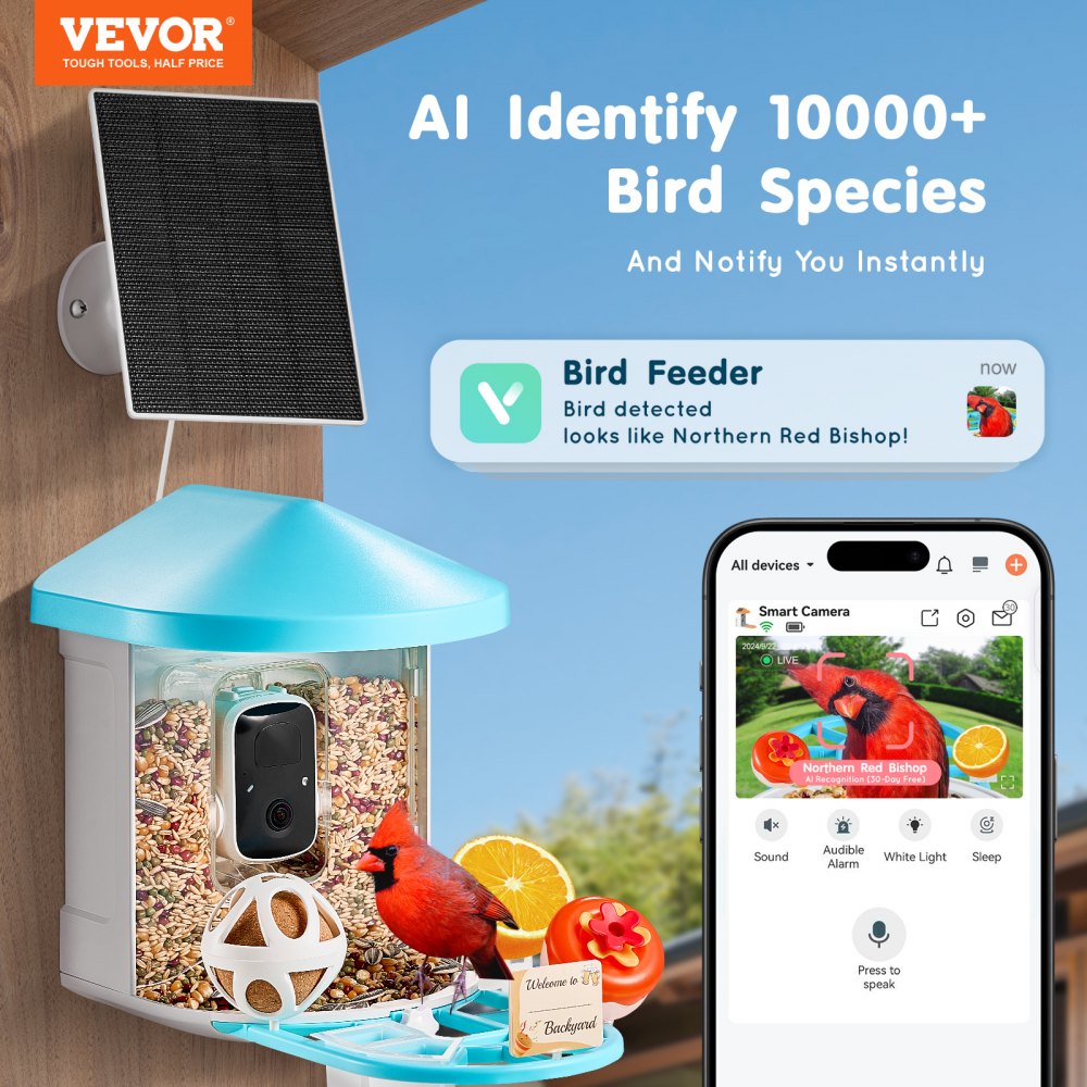 VEVOR Comedero para Pájaros con Cámara, 3 Paneles Solares, AI Identifica, Azul