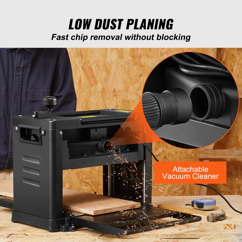 VEVOR Thickness Planer 1.8kW Planing Machine with 2 Planer Blades, Max. Cutting Depth 0.3cm, Max. Cutting Thickness 15cm. Ideal for woodworking, carpenters, DIY enthusiasts and decorators.