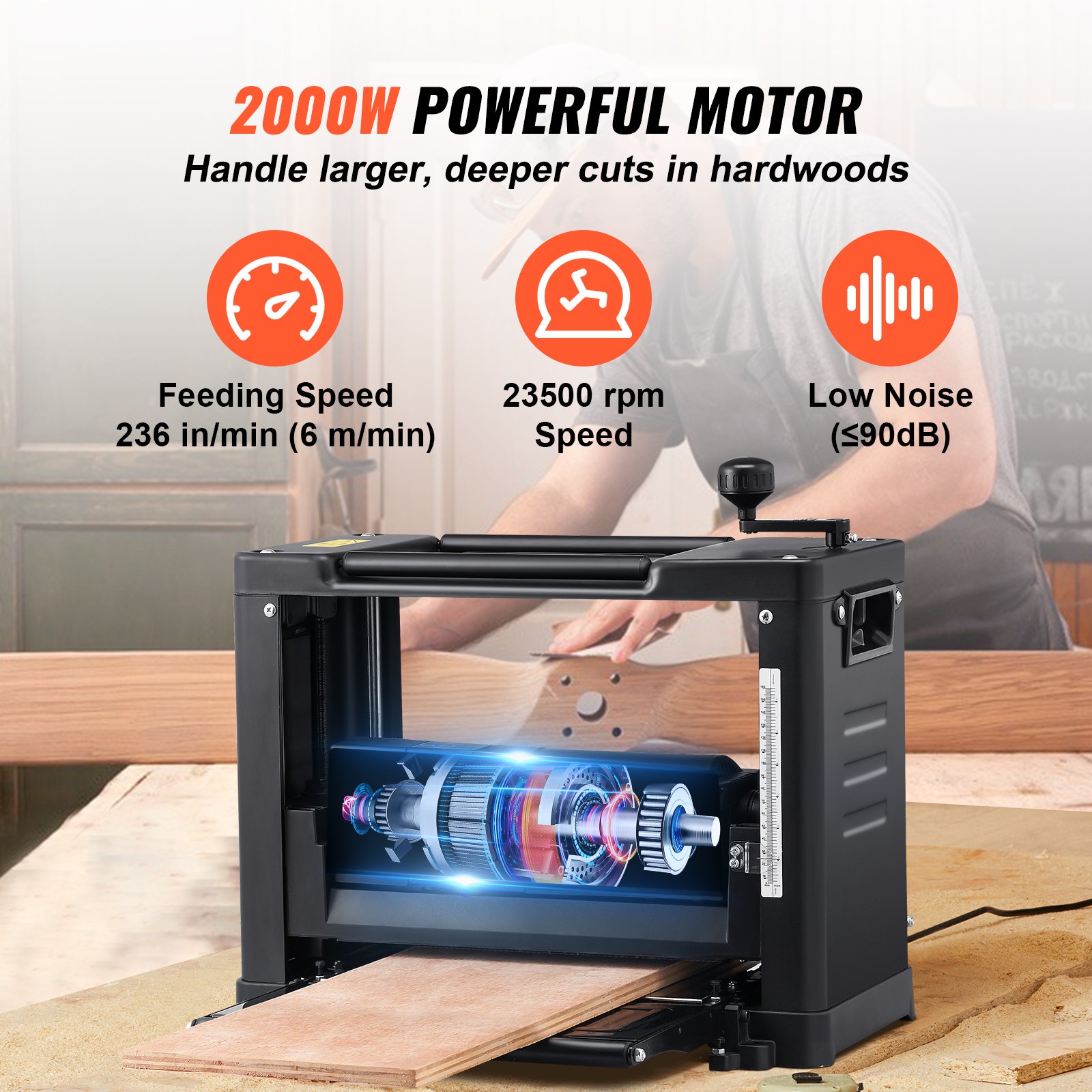 VEVOR Cepilladora de Sobremesa 1 Velocidad Cepilladora Eléctrica 33 cm de Ancho Regruesadora Cepilladora 2 Cuchillas Motor Potente de 15 Amperios y 1800 W Bajo Nivel de Ruido para Madera Dura y Blanda