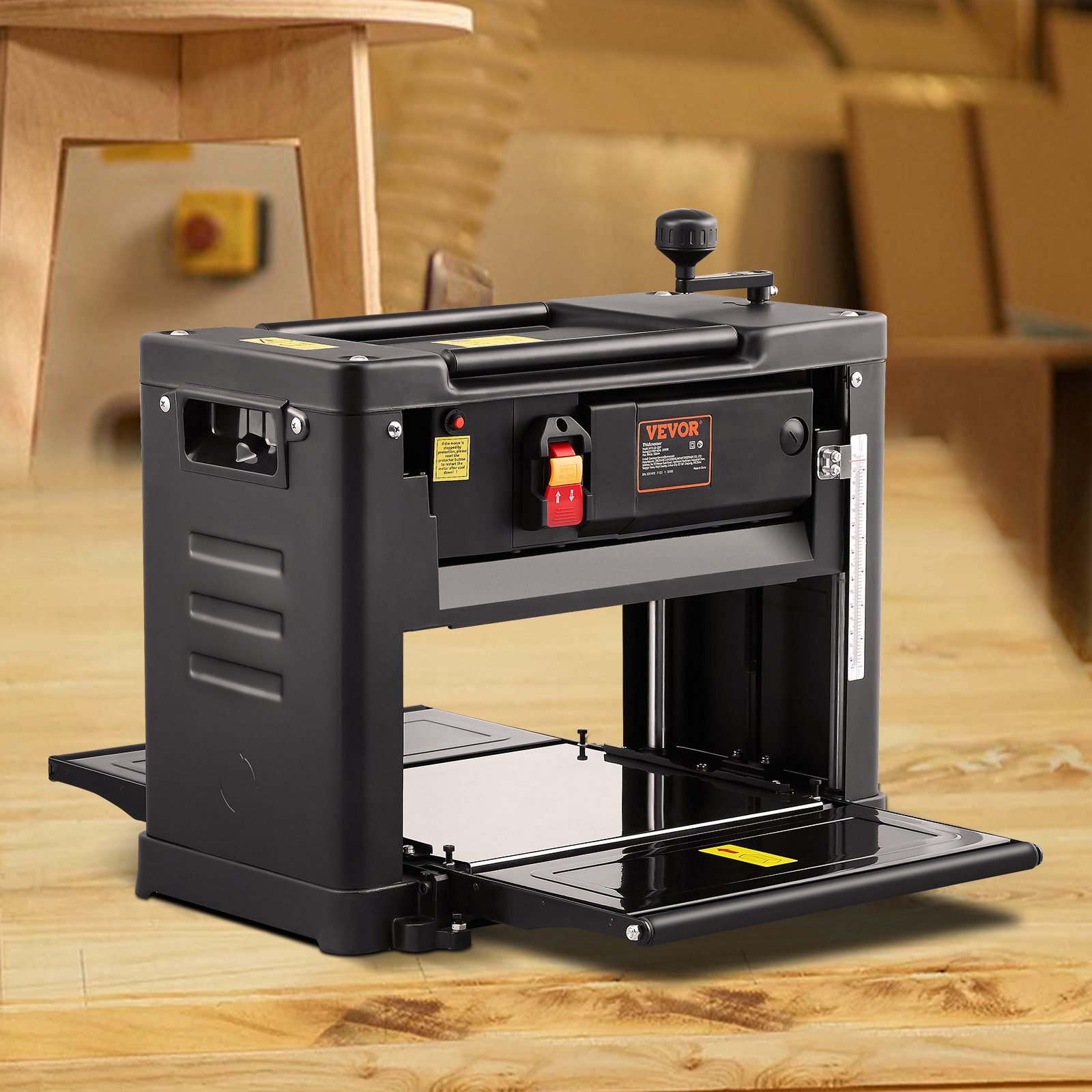 VEVOR Thickness Planer 1.8kW Planing Machine with 2 Planer Blades, Max. Cutting Depth 0.3cm, Max. Cutting Thickness 15cm. Ideal for woodworking, carpenters, DIY enthusiasts and decorators.