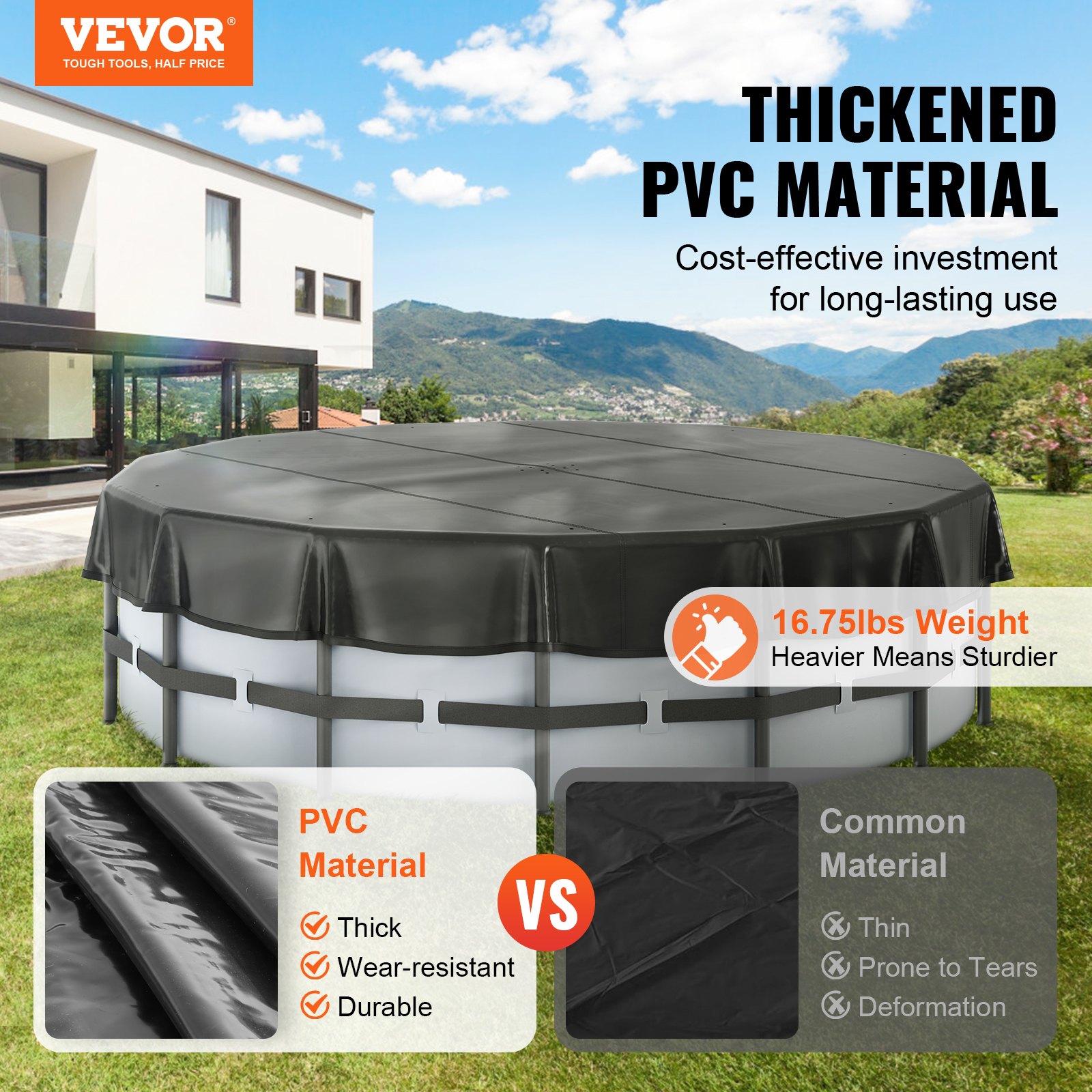 VEVOR Cubierta Redonda para Piscina 4,57m Cubierta de Seguridad para Piscina Elevada Cobertor de Seguridad de Invierno de PVC Impermeable Resistente al Sol con Cordón para Protección de Piscina, Negro