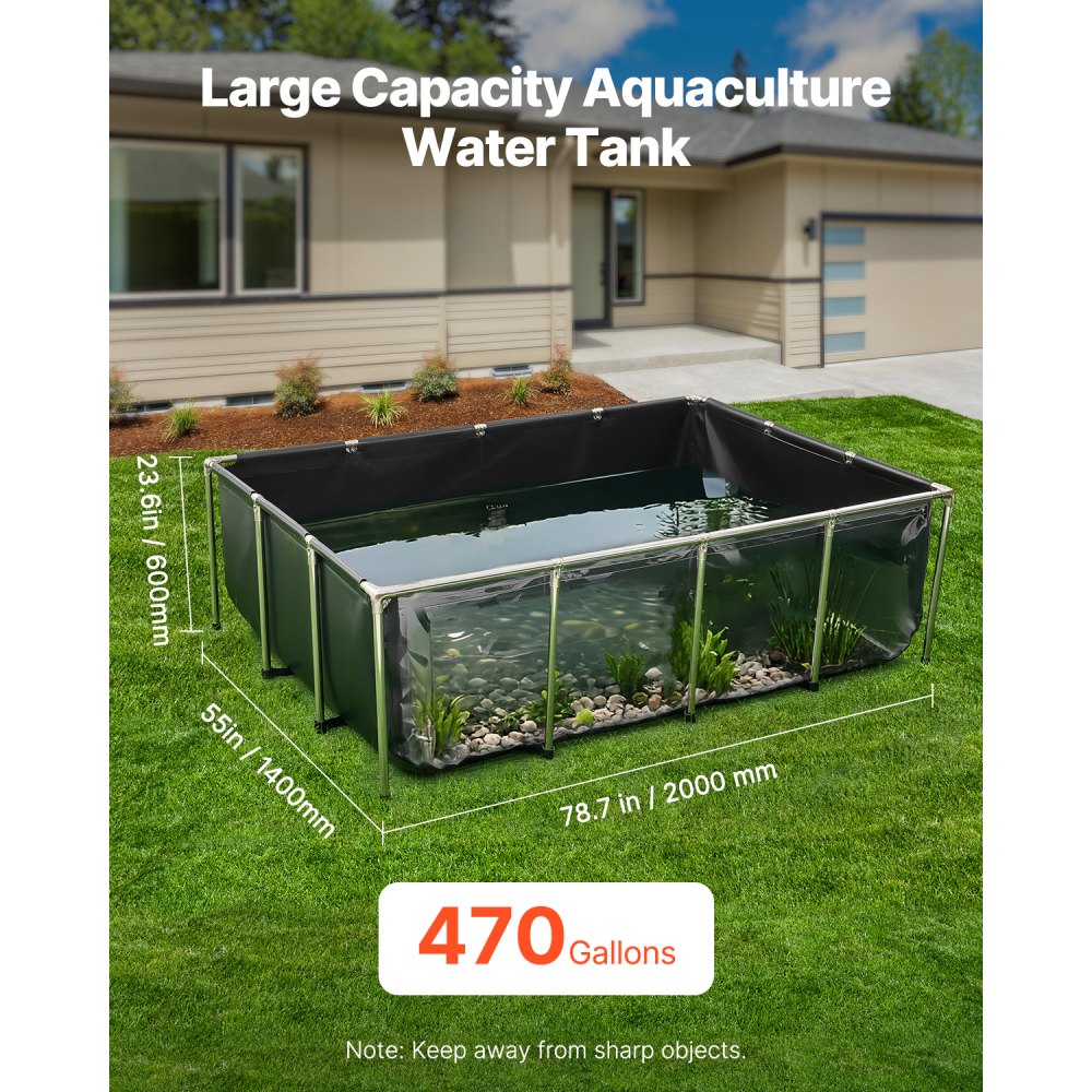 VEVOR Estanque de Lona Sobre Suelo 1781,3 L de PVC con Panel de Visualización Transparente Tanque Rectangular 200x140x60 cm para Peces Dorados con Marco de Acero Inoxidable Válvula de Drenaje, Negro