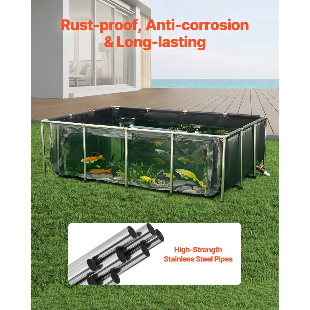 VEVOR Estanque de Lona Sobre Suelo 1781,3 L de PVC con Panel de Visualización Transparente Tanque Rectangular 200x140x60 cm para Peces Dorados con Marco de Acero Inoxidable Válvula de Drenaje, Negro