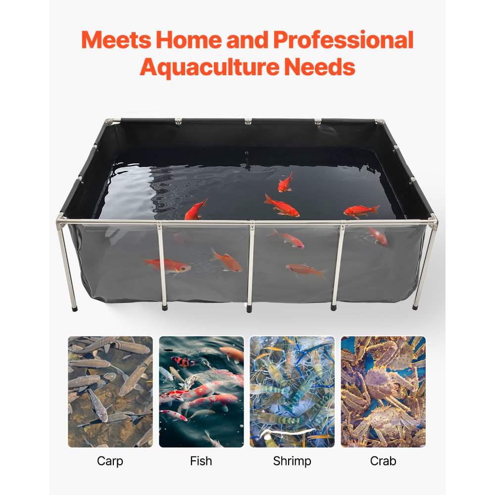 VEVOR Estanque de Lona Sobre Suelo 1781,3 L de PVC con Panel de Visualización Transparente Tanque Rectangular 200x140x60 cm para Peces Dorados con Marco de Acero Inoxidable Válvula de Drenaje, Negro