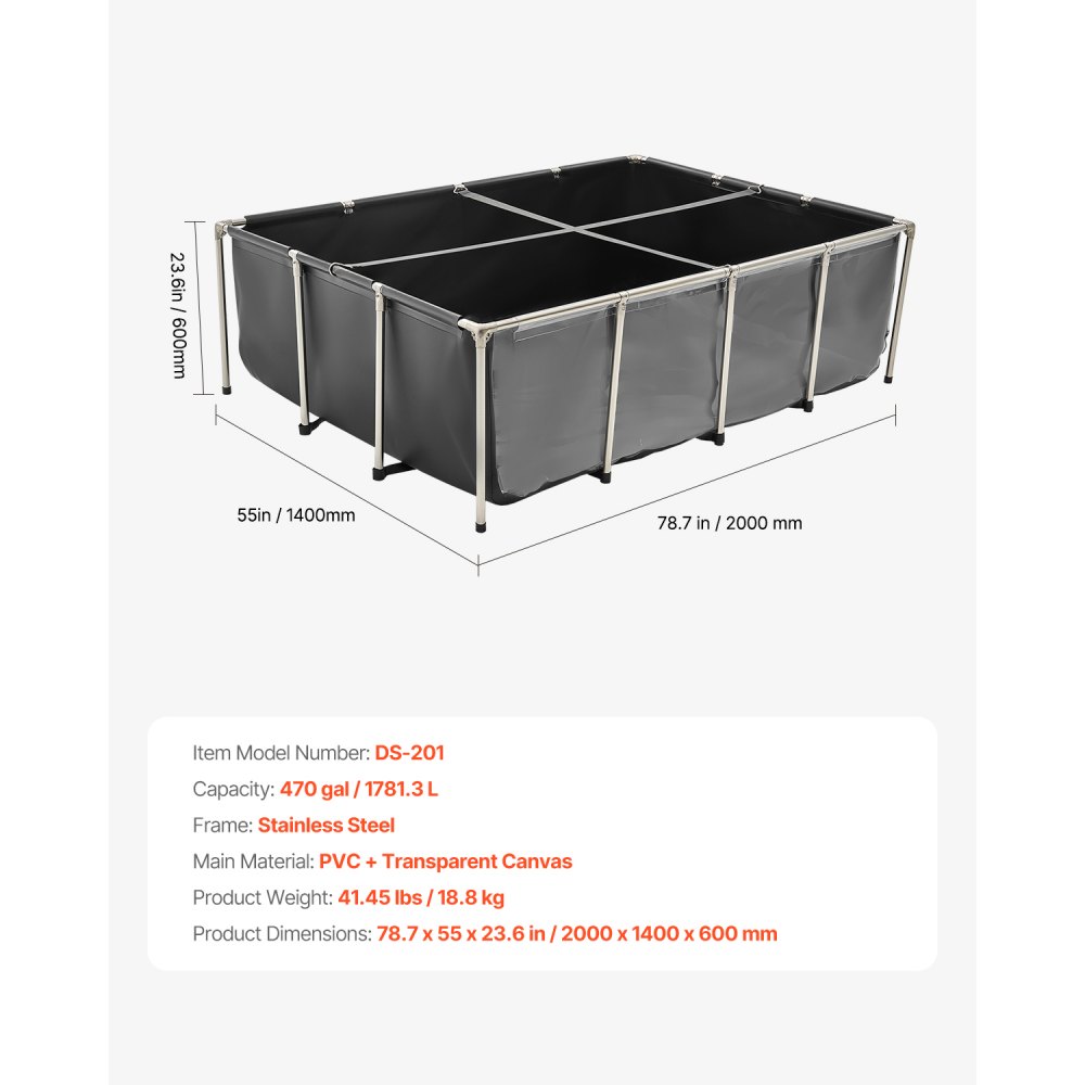 VEVOR Estanque de Lona Sobre Suelo 1781,3 L de PVC con Panel de Visualización Transparente Tanque Rectangular 200x140x60 cm para Peces Dorados con Marco de Acero Inoxidable Válvula de Drenaje, Negro