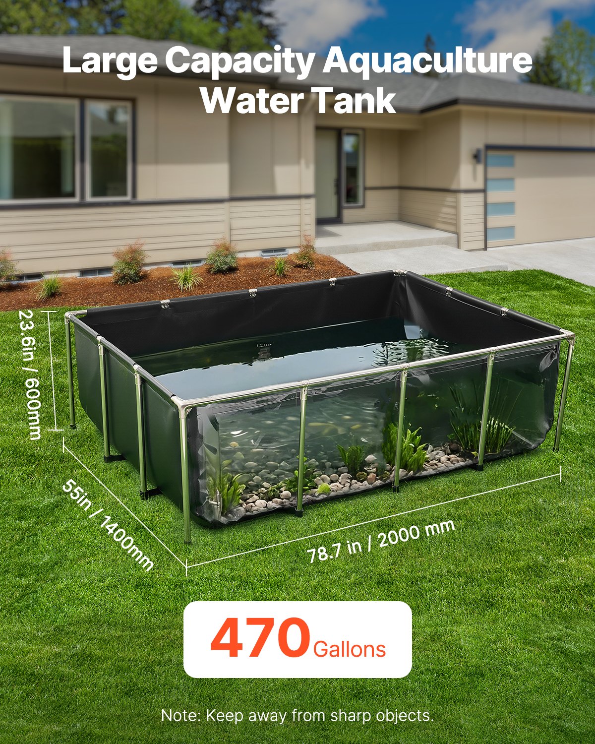 VEVOR Estanque de Lona Sobre Suelo 1781,3 L de PVC con Panel de Visualización Transparente Tanque Rectangular 200x140x60 cm para Peces Dorados con Marco de Acero Inoxidable Válvula de Drenaje, Negro